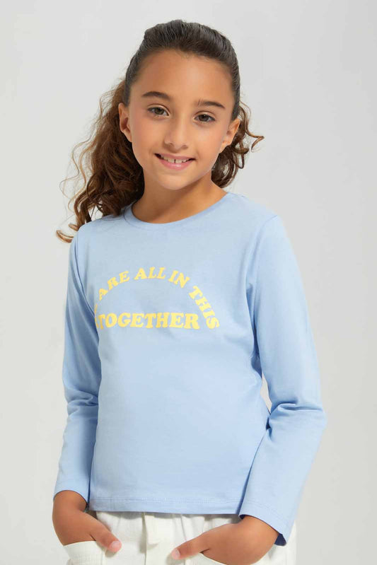 Redtag-Blue-Ls-Basic-Tee-Print---Blue-Category:T-Shirts,-Colour:Blue,-Deals:New-In,-Filter:Girls-(2-to-8-Yrs),-GIR-T-Shirts,-New-In-GIR-APL,-Non-Sale,-Section:Girls-(0-to-14Yrs),-TBL,-W22B-Girls-2 to 8 Years