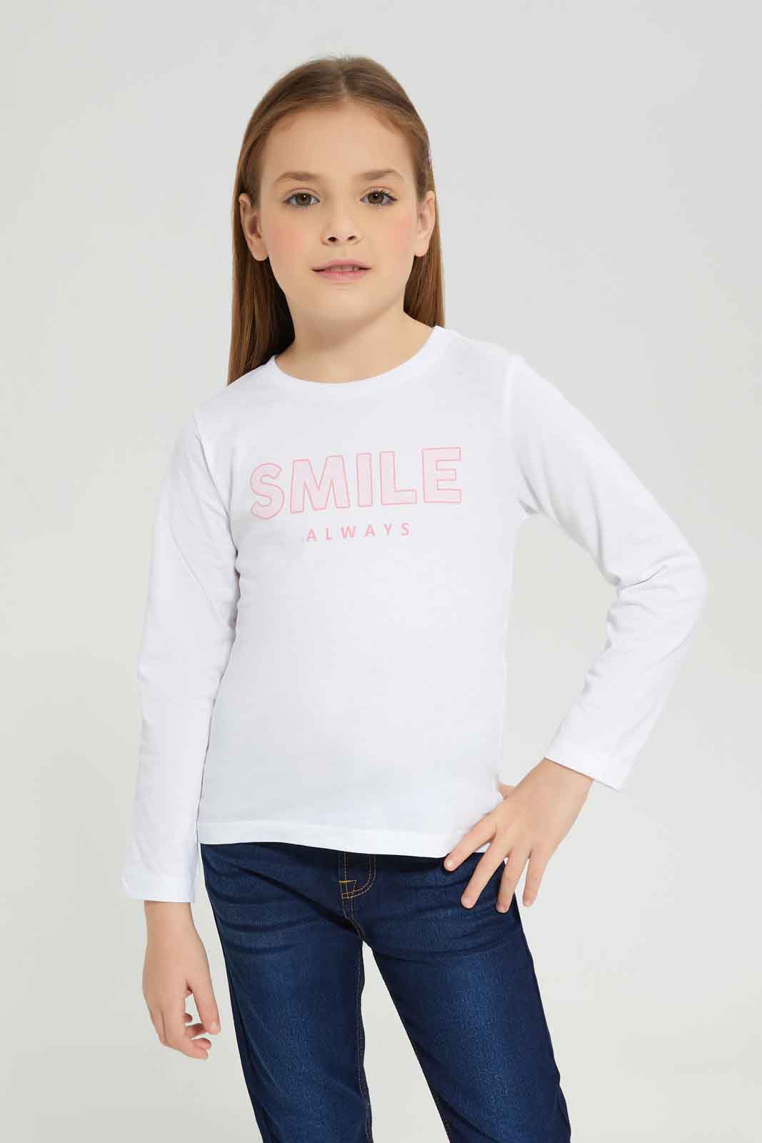 Redtag-White-Ls-Basic-Tee-Smile---White-BTS,-Category:T-Shirts,-Colour:White,-Deals:New-In,-Dept:Girls,-Filter:Girls-(2-to-8-Yrs),-GIR-T-Shirts,-New-In-GIR-APL,-Non-Sale,-Section:Girls-(0-to-14Yrs),-TBL,-W22B-Girls-2 to 8 Years