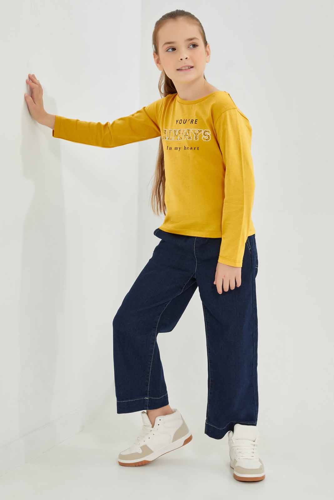 Redtag-Mustard-Ls-Basic-Tee-Slogan---Mustard-Category:T-Shirts,-Colour:Mustard,-Deals:New-In,-Dept:Girls,-Filter:Girls-(2-to-8-Yrs),-GIR-T-Shirts,-New-In-GIR-APL,-Non-Sale,-Section:Girls-(0-to-14Yrs),-TBL,-W22B-Girls-2 to 8 Years