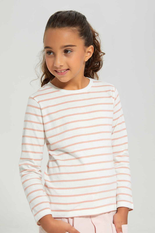 Redtag-White-Stripe-Ls-Basic-Tee---Stripe-Category:T-Shirts,-Colour:White,-Deals:New-In,-Filter:Girls-(2-to-8-Yrs),-GIR-T-Shirts,-New-In-GIR-APL,-Non-Sale,-Section:Girls-(0-to-14Yrs),-TBL,-W22B-Girls-2 to 8 Years