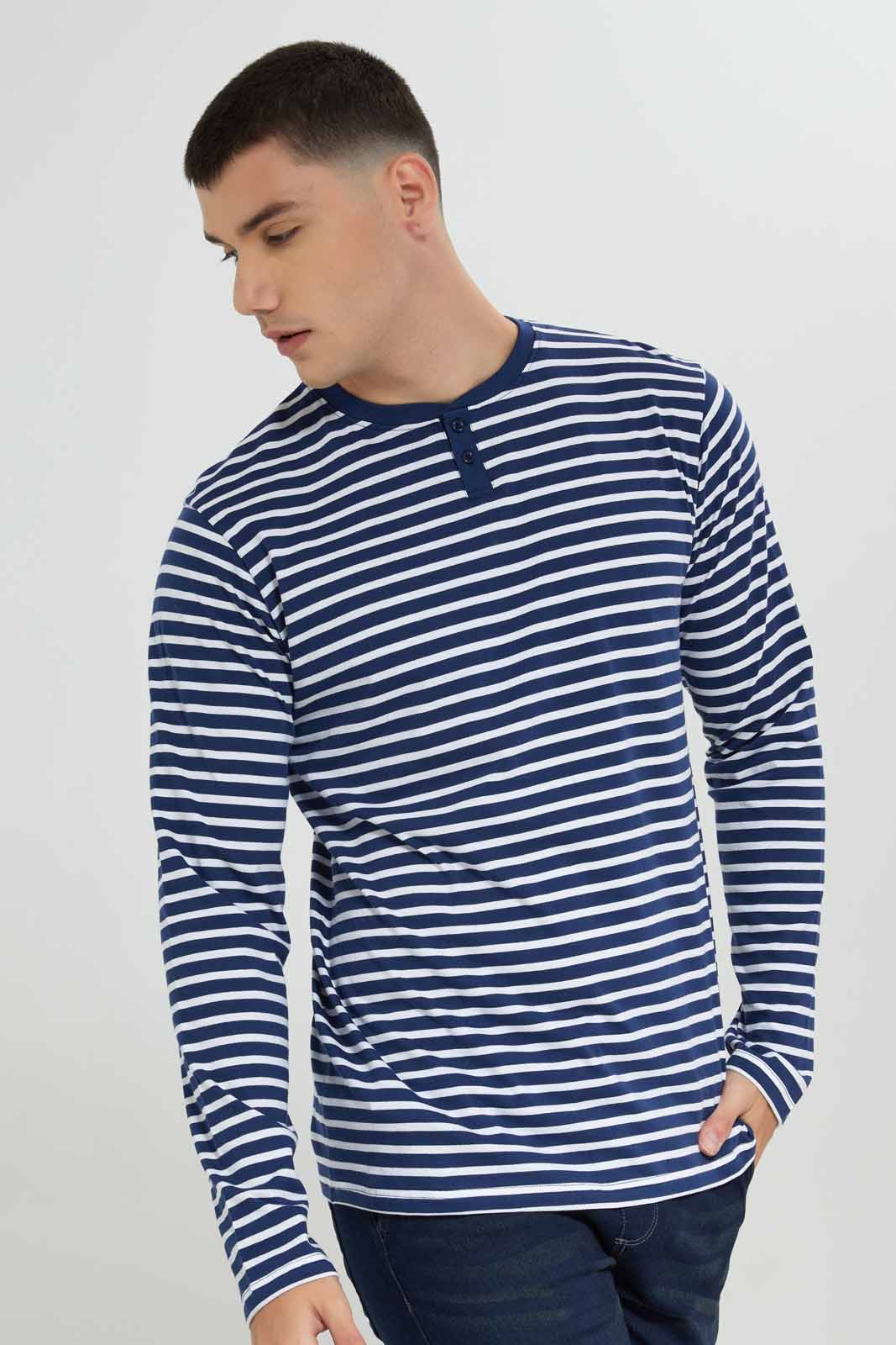 Redtag-White/Navy-Striper-L/S-Henley-T-Shirt-Category:T-Shirts,-Colour:White,-Deals:New-In,-Filter:Men's-Clothing,-Men-T-Shirts,-NDAY,-New-In-Men-APL,-Non-Sale,-Section:Men,-W22B-Men's-