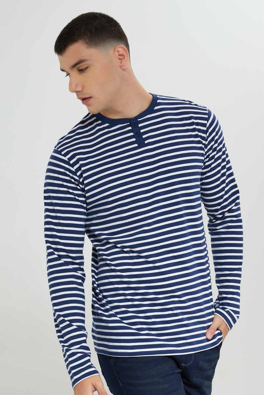 Redtag-White/Navy-Striper-L/S-Henley-T-Shirt-Category:T-Shirts,-Colour:White,-Deals:New-In,-Filter:Men's-Clothing,-Men-T-Shirts,-NDAY,-New-In-Men-APL,-Non-Sale,-Section:Men,-W22B-Men's-