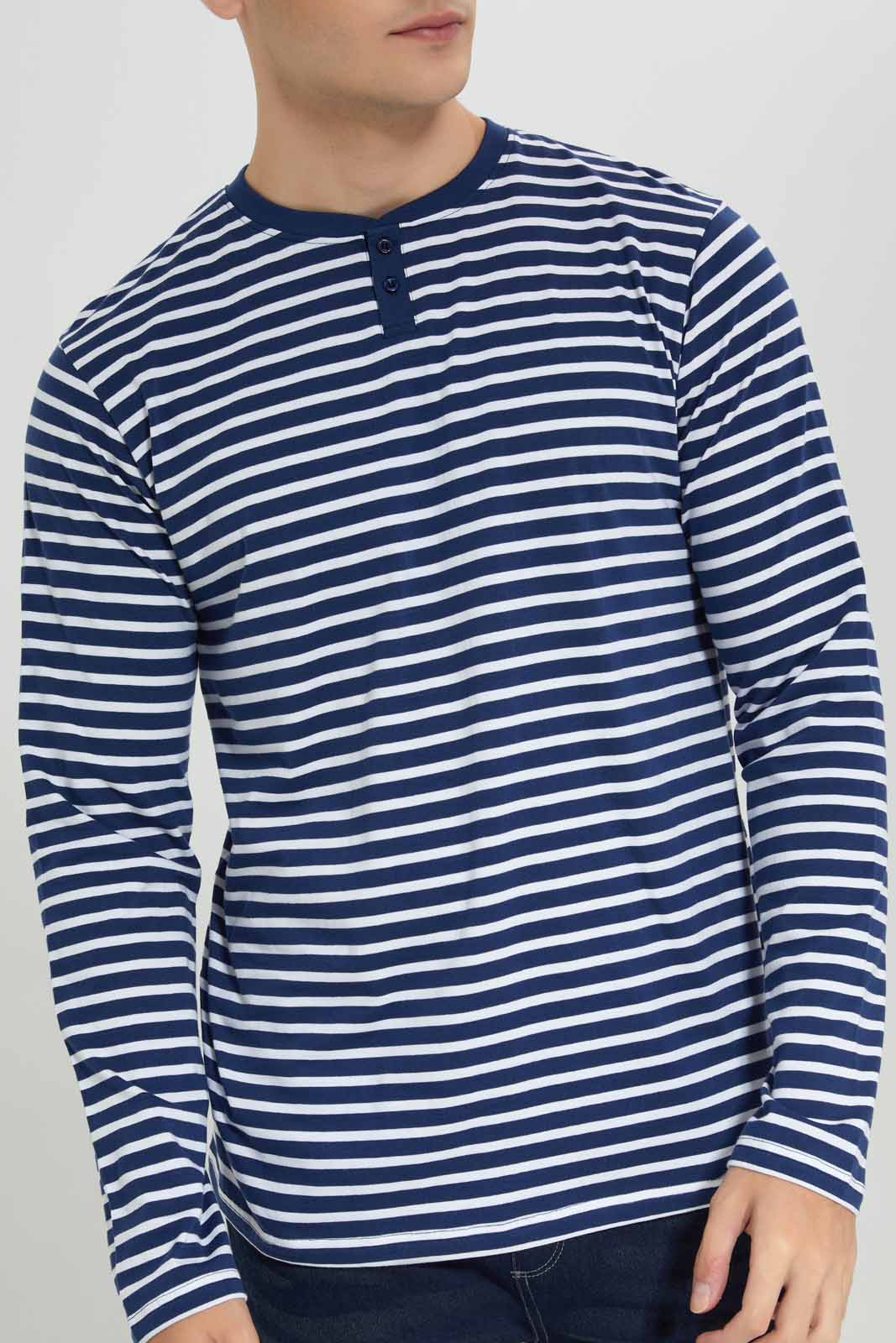 Redtag-White/Navy-Striper-L/S-Henley-T-Shirt-Category:T-Shirts,-Colour:White,-Deals:New-In,-Filter:Men's-Clothing,-Men-T-Shirts,-NDAY,-New-In-Men-APL,-Non-Sale,-Section:Men,-W22B-Men's-