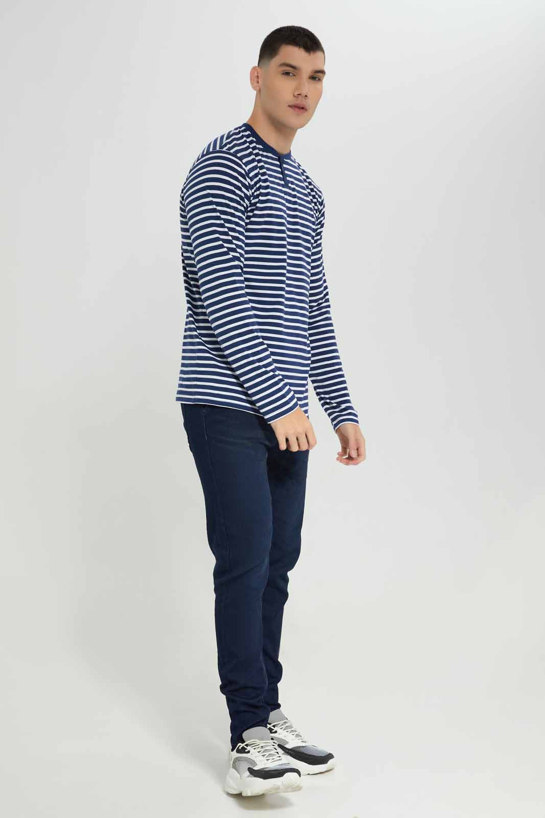 Redtag-White/Navy-Striper-L/S-Henley-T-Shirt-Category:T-Shirts,-Colour:White,-Deals:New-In,-Filter:Men's-Clothing,-Men-T-Shirts,-NDAY,-New-In-Men-APL,-Non-Sale,-Section:Men,-W22B-Men's-
