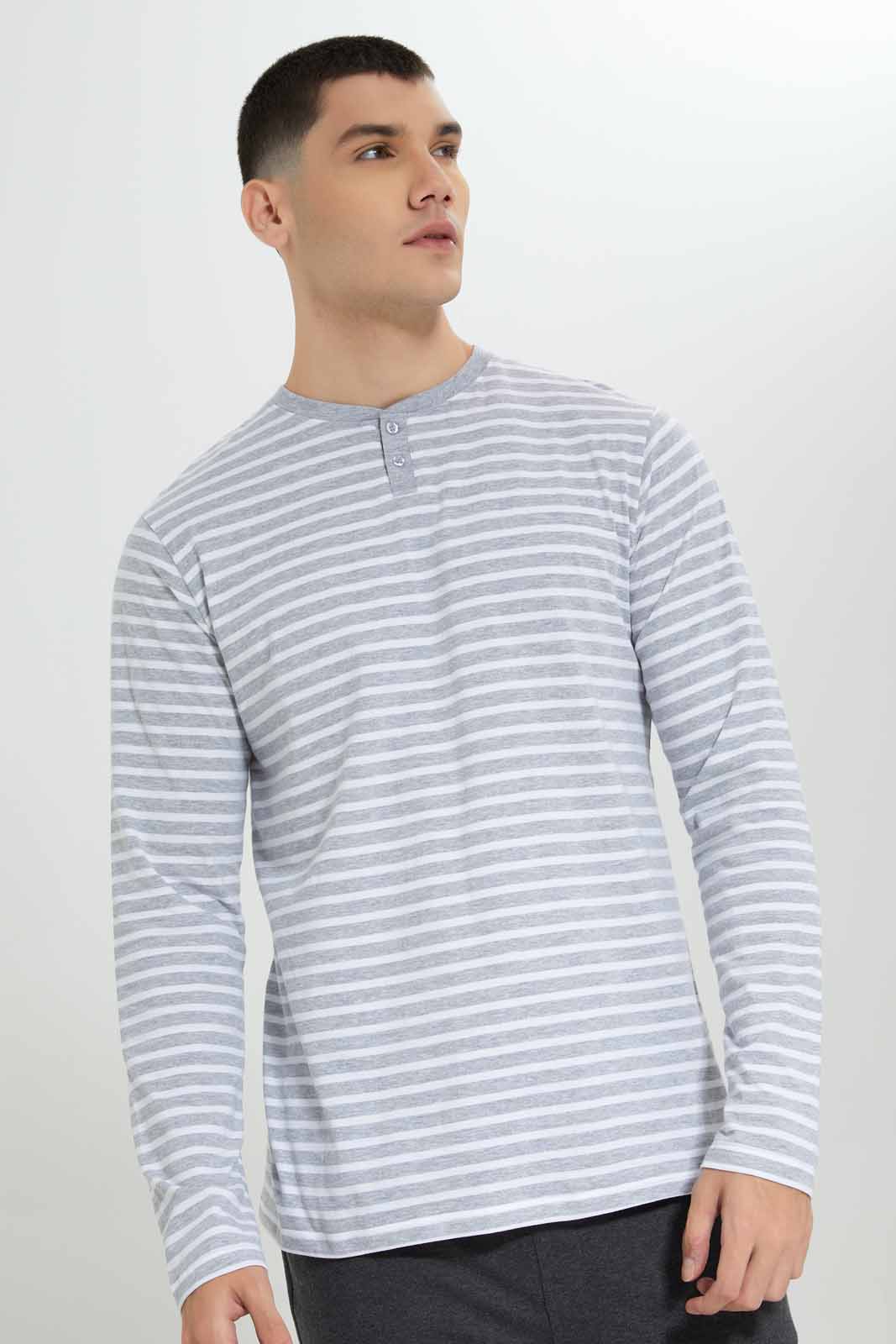 Redtag-White/Grey-Striper-L/S-Henley-T-Shirt-Category:T-Shirts,-Colour:Grey,-Deals:New-In,-Filter:Men's-Clothing,-Men-T-Shirts,-New-In-Men-APL,-Non-Sale,-Section:Men,-W22B-Men's-