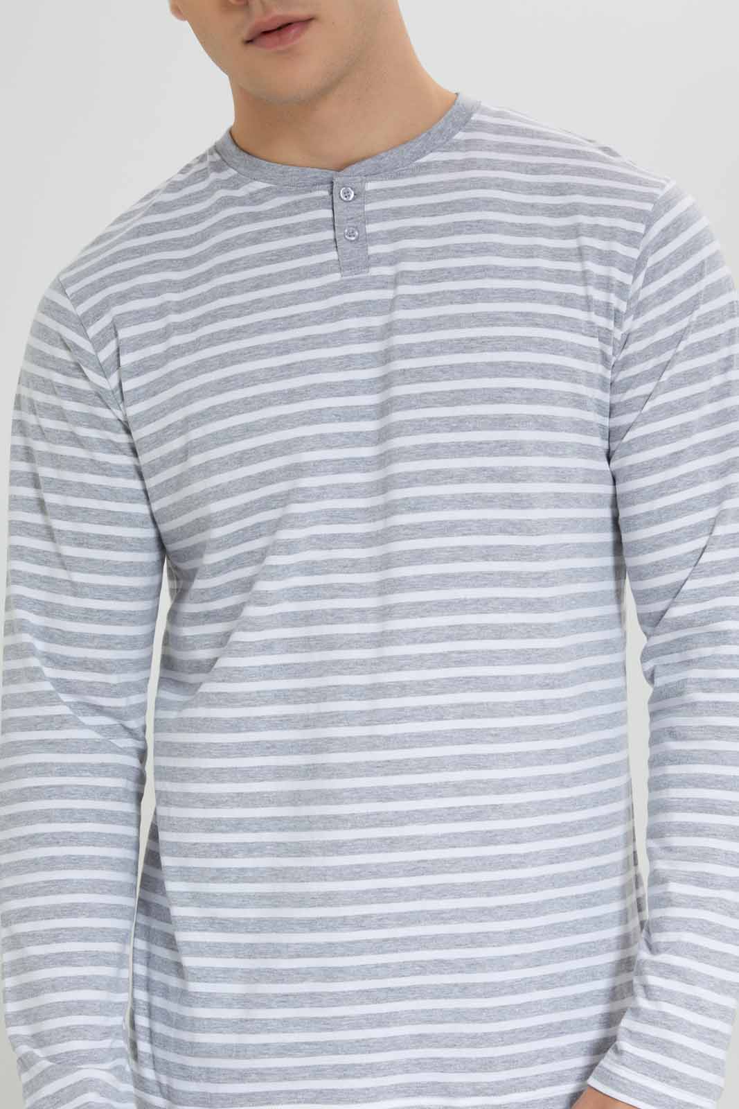 Redtag-White/Grey-Striper-L/S-Henley-T-Shirt-Category:T-Shirts,-Colour:Grey,-Deals:New-In,-Filter:Men's-Clothing,-Men-T-Shirts,-New-In-Men-APL,-Non-Sale,-Section:Men,-W22B-Men's-