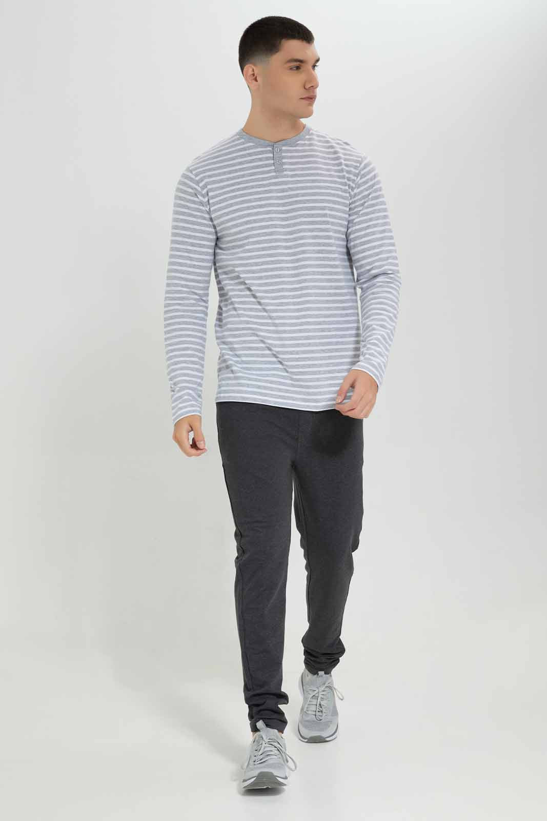Redtag-White/Grey-Striper-L/S-Henley-T-Shirt-Category:T-Shirts,-Colour:Grey,-Deals:New-In,-Filter:Men's-Clothing,-Men-T-Shirts,-New-In-Men-APL,-Non-Sale,-Section:Men,-W22B-Men's-