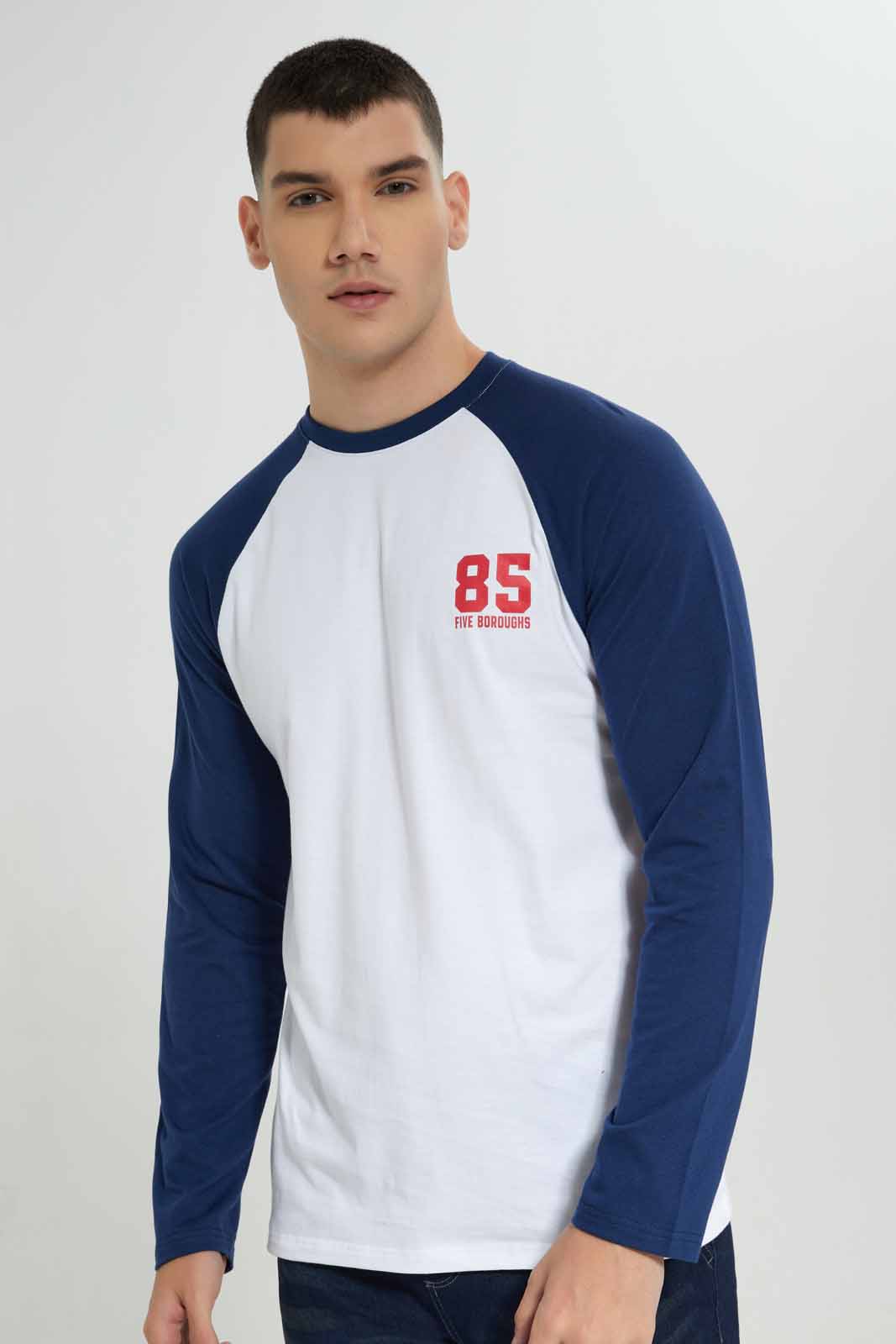 Redtag-White/Navy-L/S-Reglan-T-Shirt-Category:T-Shirts,-Colour:White,-Deals:New-In,-Filter:Men's-Clothing,-Men-T-Shirts,-NDAY,-New-In-Men-APL,-Non-Sale,-Section:Men,-W22B-Men's-