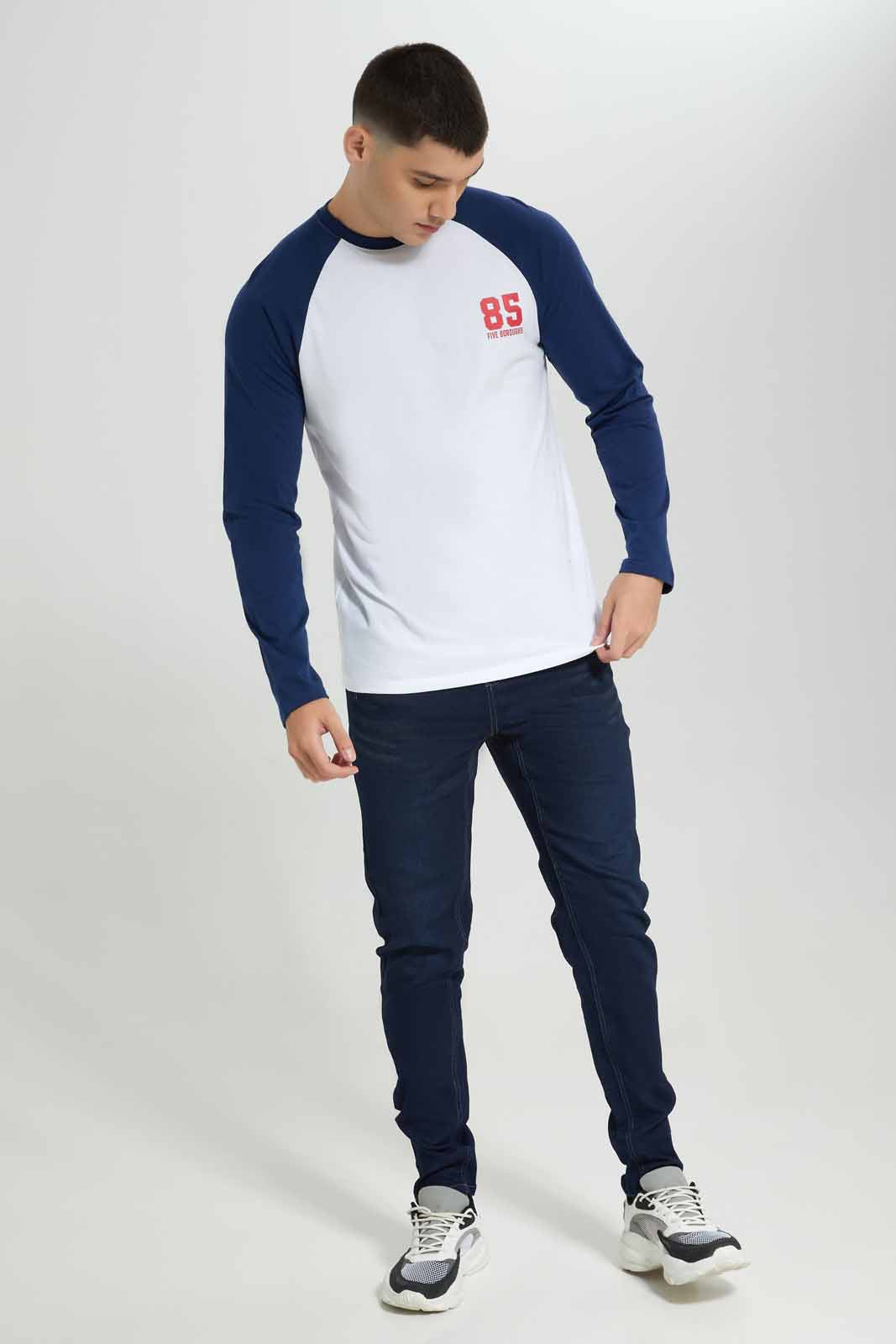 Redtag-White/Navy-L/S-Reglan-T-Shirt-Category:T-Shirts,-Colour:White,-Deals:New-In,-Filter:Men's-Clothing,-Men-T-Shirts,-NDAY,-New-In-Men-APL,-Non-Sale,-Section:Men,-W22B-Men's-