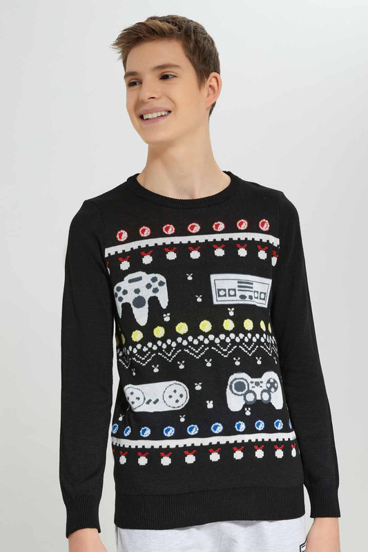 Redtag-Black-Gaming-Pullover-BSR-Pullovers,-Category:Pullovers,-Colour:Black,-Deals:New-In,-Filter:Senior-Boys-(8-to-14-Yrs),-New-In-BSR-APL,-Non-Sale,-Section:Boys-(0-to-14Yrs),-W22B-Senior-Boys-9 to 14 Years