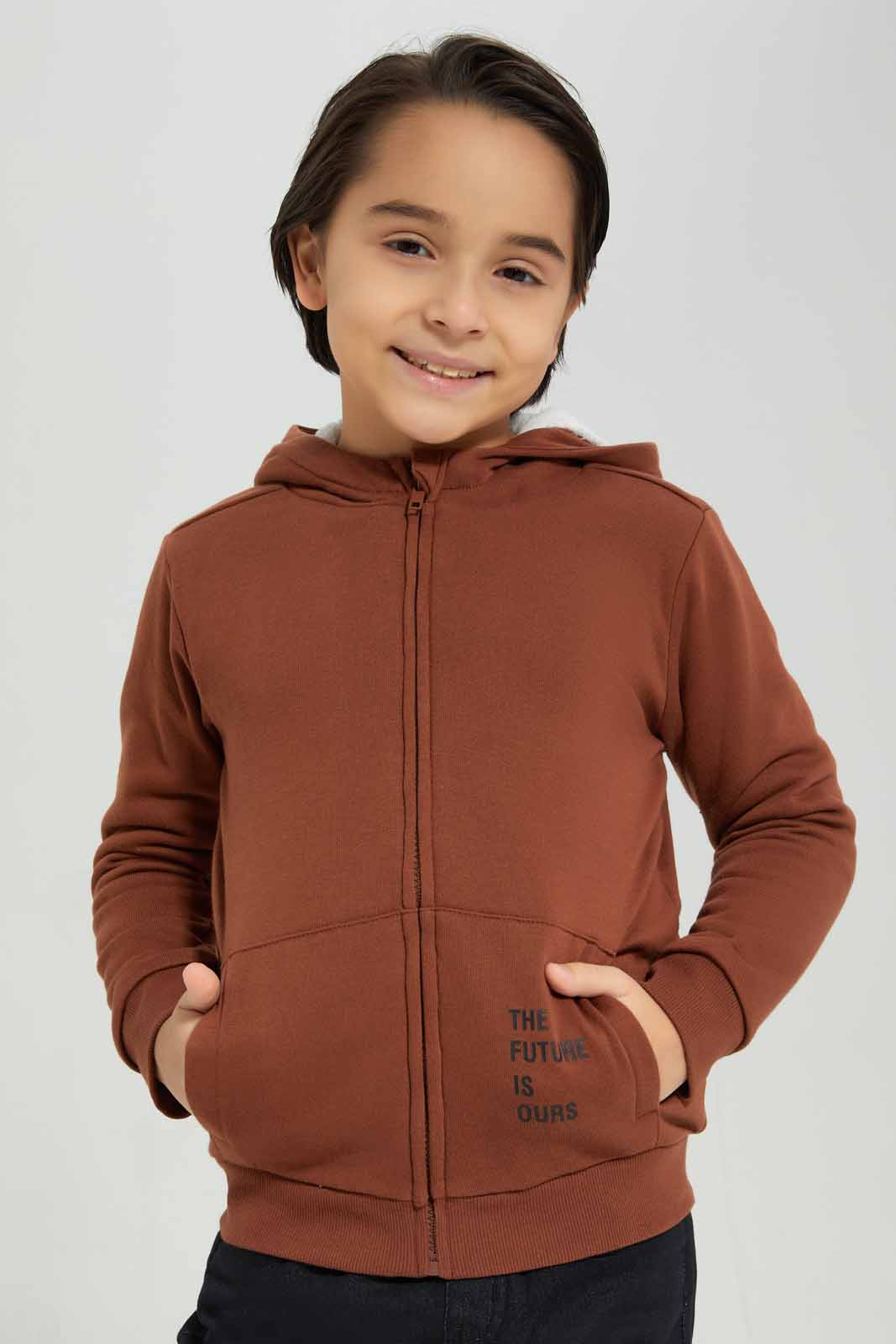 Redtag-Brown-Zip-Through-Hooded-Fur-Lined-Sweatshirt-BOY-Sweatshirts,-Category:Sweatshirts,-Colour:Brown,-Deals:New-In,-EHW,-Filter:Boys-(2-to-8-Yrs),-New-In-BOY-APL,-Non-Sale,-Section:Boys-(0-to-14Yrs),-W22B-Boys-2 to 8 Years