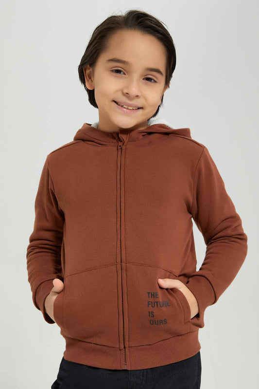 Redtag-Brown-Zip-Through-Hooded-Fur-Lined-Sweatshirt-BOY-Sweatshirts,-Category:Sweatshirts,-Colour:Brown,-Deals:New-In,-EHW,-Filter:Boys-(2-to-8-Yrs),-New-In-BOY-APL,-Non-Sale,-Section:Boys-(0-to-14Yrs),-W22B-Boys-2 to 8 Years