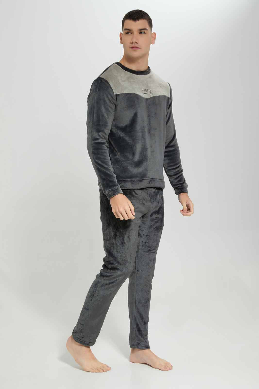 Redtag-Black-Fleece-Pyjama-Neck-Category:Pyjama-Sets,-Colour:Black,-Deals:New-In,-EHW,-Filter:Men's-Clothing,-Men-Pyjama-Sets,-New-In-Men-APL,-Non-Sale,-Section:Men,-W22B-Men's-