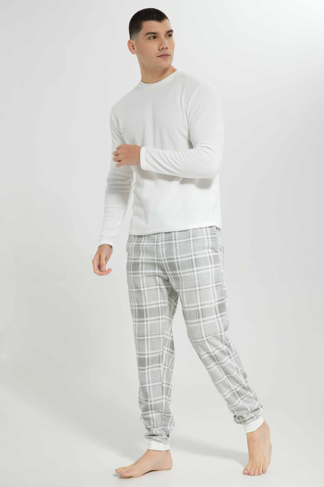 Men White Checkered Pyjama Set (2 Piece)