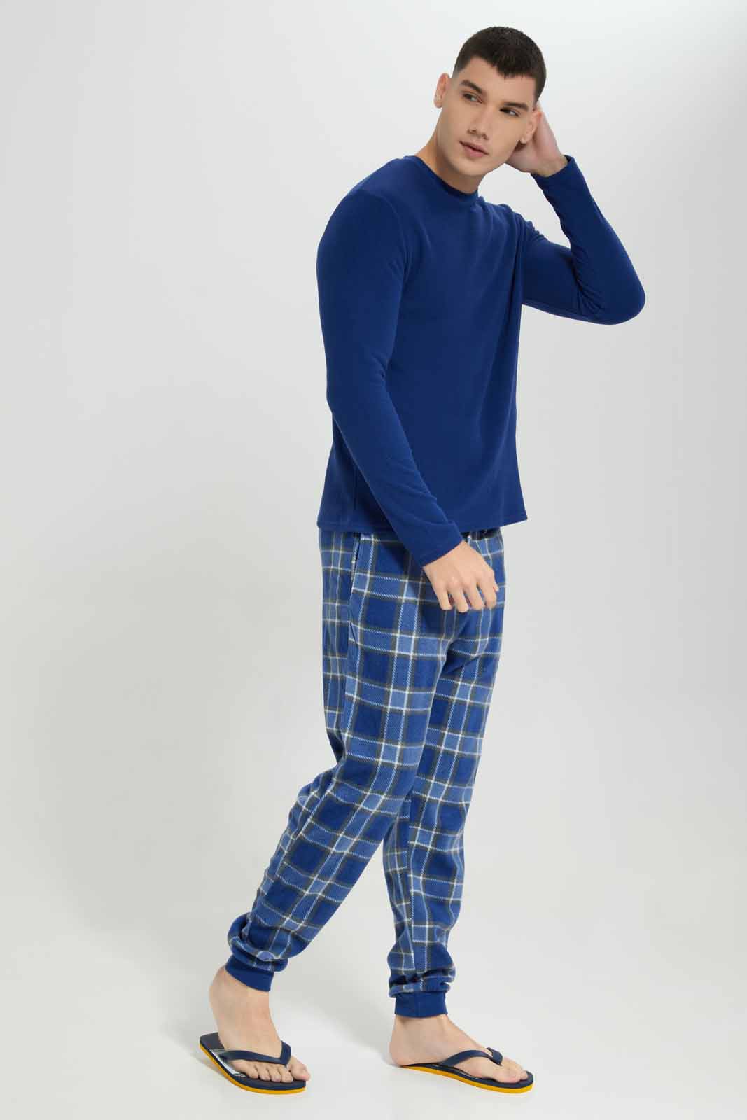 Men Navy Checkered Pyjama Set (2 Piece)