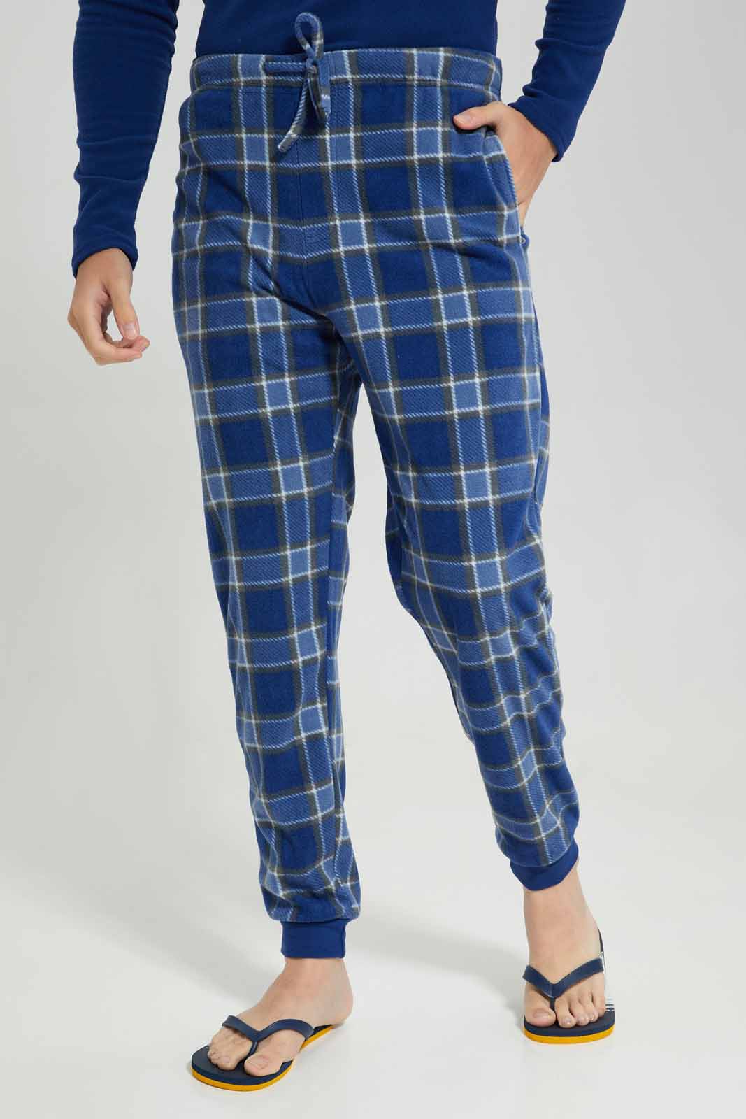 Men Navy Checkered Pyjama Set (2 Piece)