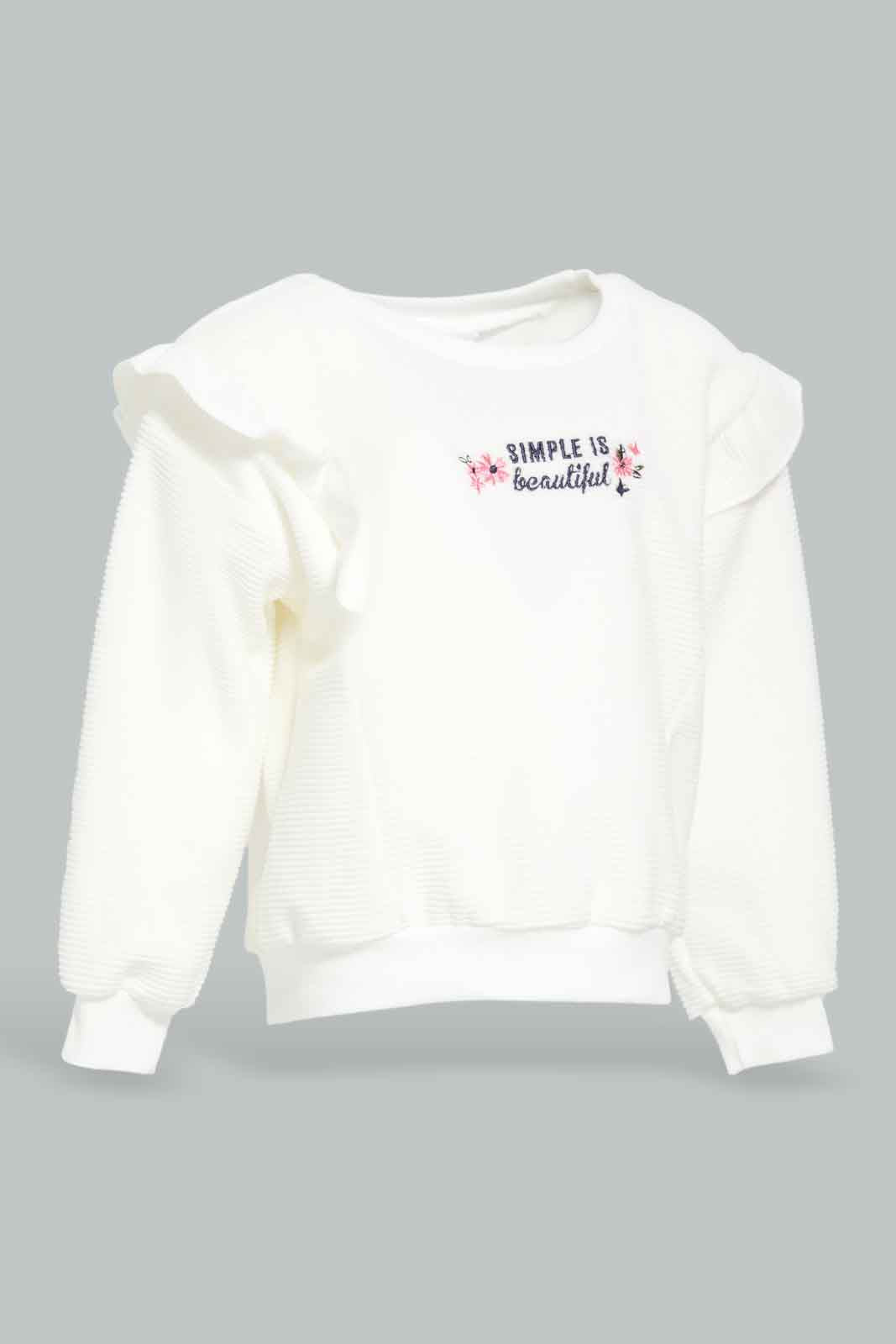 Redtag-White-Corduroy-Front-Embroidery-Sweatshirt-Category:Sweatshirts,-Colour:White,-Deals:New-In,-Dept:Girls,-Filter:Infant-Girls-(3-to-24-Mths),-ING-Sweatshirts,-New-In-ING-APL,-Non-Sale,-Section:Girls-(0-to-14Yrs),-W22B-Infant-Girls-3 to 24 Months