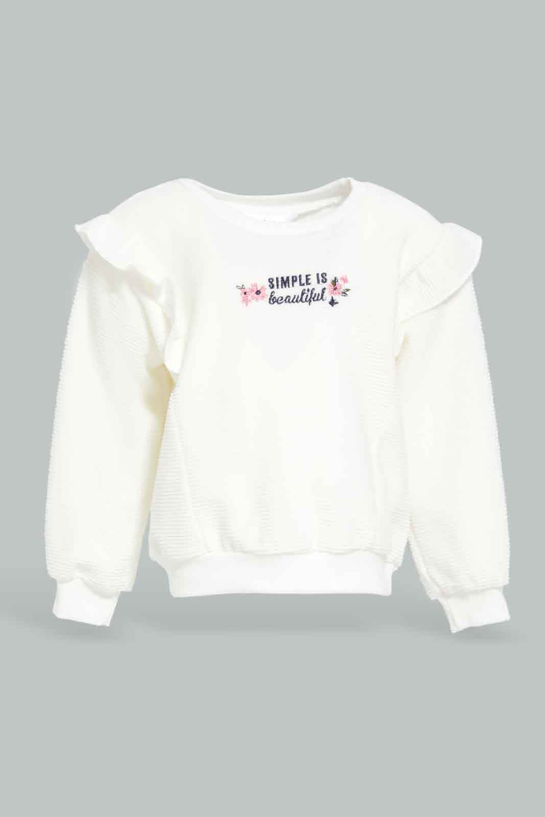 Redtag-White-Corduroy-Front-Embroidery-Sweatshirt-Category:Sweatshirts,-Colour:White,-Deals:New-In,-Dept:Girls,-Filter:Infant-Girls-(3-to-24-Mths),-ING-Sweatshirts,-New-In-ING-APL,-Non-Sale,-Section:Girls-(0-to-14Yrs),-W22B-Infant-Girls-3 to 24 Months