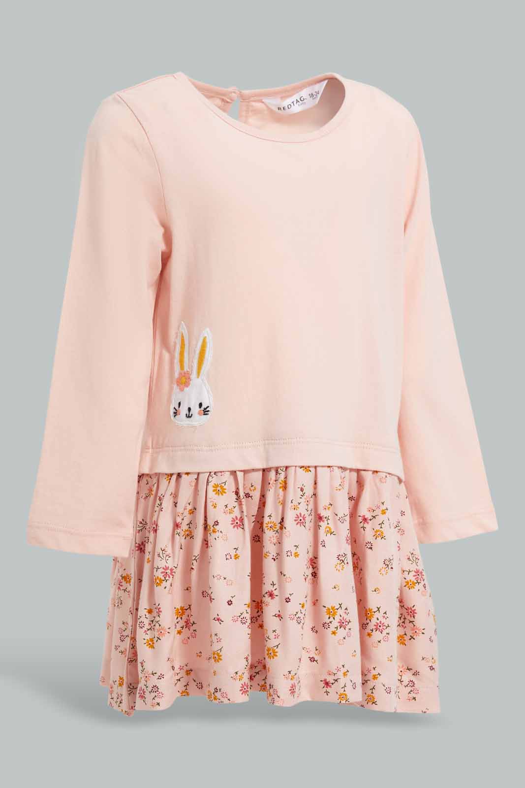 Redtag-Pink-Rabbit-Artwork-Dress-Category:Dresses,-Colour:Apricot,-Deals:New-In,-Filter:Infant-Girls-(3-to-24-Mths),-ING-Dresses,-New-In-ING-APL,-Non-Sale,-Section:Girls-(0-to-14Yrs),-W22B-Infant-Girls-3 to 24 Months