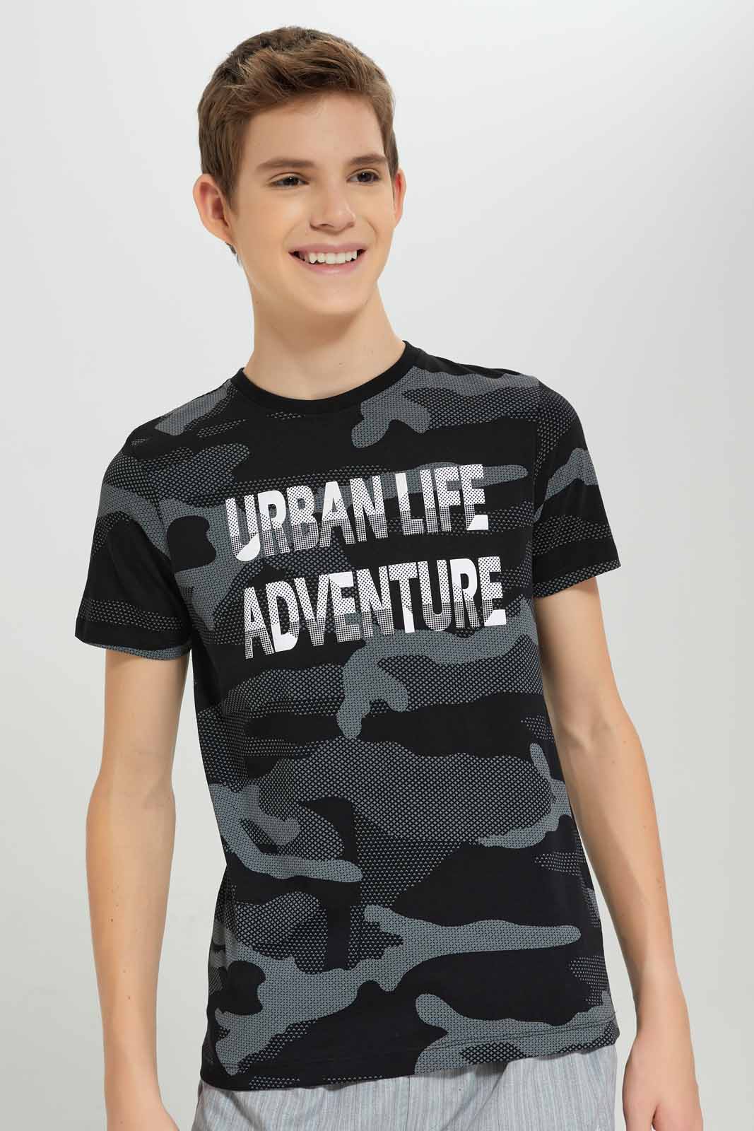 Redtag-Black-Camo-OutlawsTee-BSR-T-Shirts,-BTS,-Category:T-Shirts,-Colour:Black,-Deals:New-In,-Dept:Boys,-Filter:Senior-Boys-(8-to-14-Yrs),-New-In-BSR-APL,-Non-Sale,-Section:Boys-(0-to-14Yrs),-W22B-Senior-Boys-9 to 14 Years