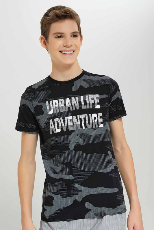 Redtag-Black-Camo-OutlawsTee-BSR-T-Shirts,-BTS,-Category:T-Shirts,-Colour:Black,-Deals:New-In,-Dept:Boys,-Filter:Senior-Boys-(8-to-14-Yrs),-New-In-BSR-APL,-Non-Sale,-Section:Boys-(0-to-14Yrs),-W22B-Senior-Boys-9 to 14 Years