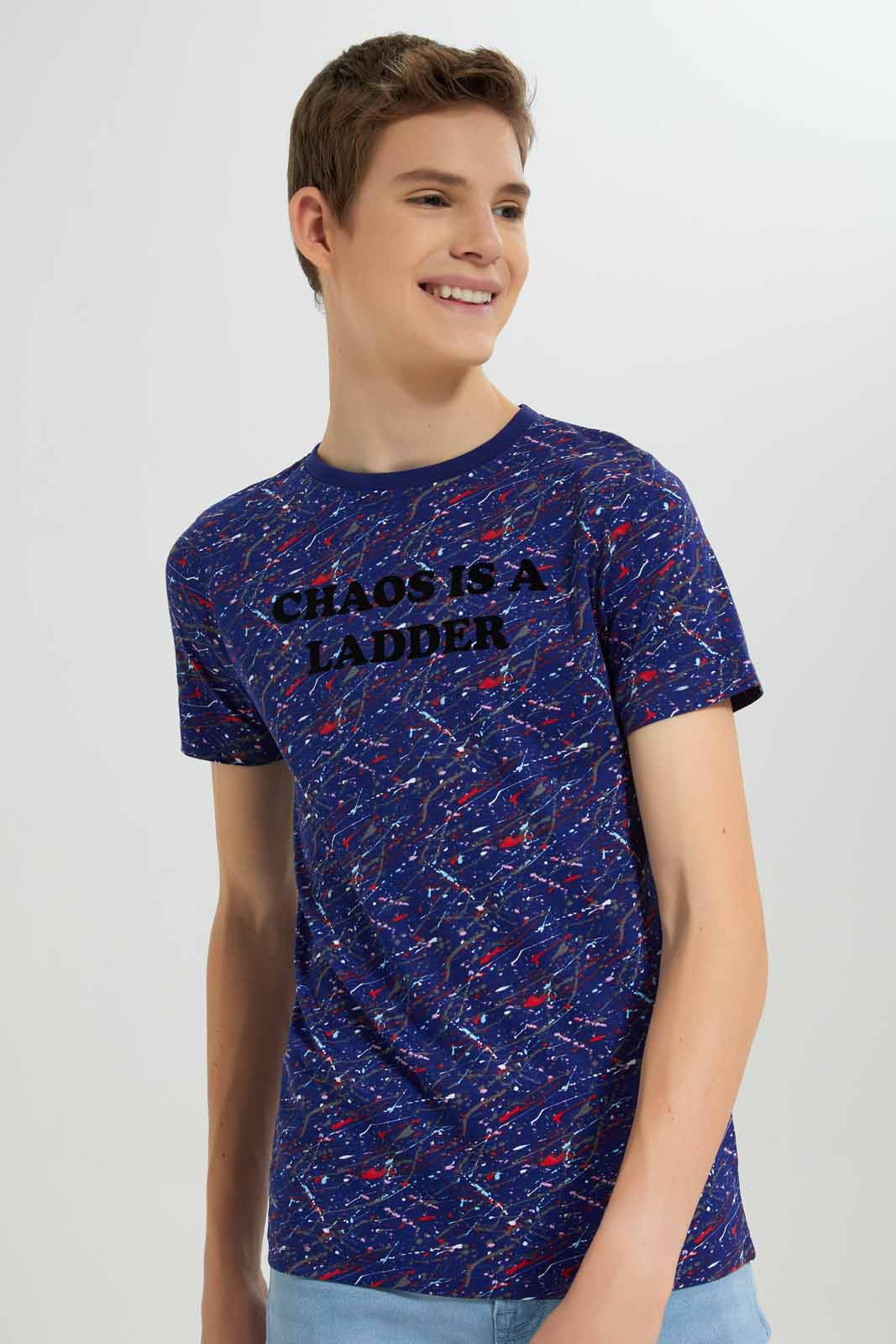 Redtag-Navy-Choas-Is-A-Ladder-Splatter-AOP-Tee-BSR-T-Shirts,-Category:T-Shirts,-Colour:Navy,-Deals:New-In,-Dept:Boys,-Filter:Senior-Boys-(8-to-14-Yrs),-New-In-BSR-APL,-Non-Sale,-Section:Boys-(0-to-14Yrs),-W22B-Senior-Boys-9 to 14 Years