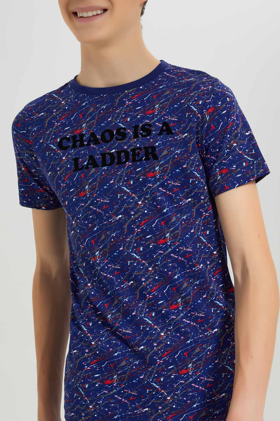 Redtag-Navy-Choas-Is-A-Ladder-Splatter-AOP-Tee-BSR-T-Shirts,-Category:T-Shirts,-Colour:Navy,-Deals:New-In,-Dept:Boys,-Filter:Senior-Boys-(8-to-14-Yrs),-New-In-BSR-APL,-Non-Sale,-Section:Boys-(0-to-14Yrs),-W22B-Senior-Boys-9 to 14 Years