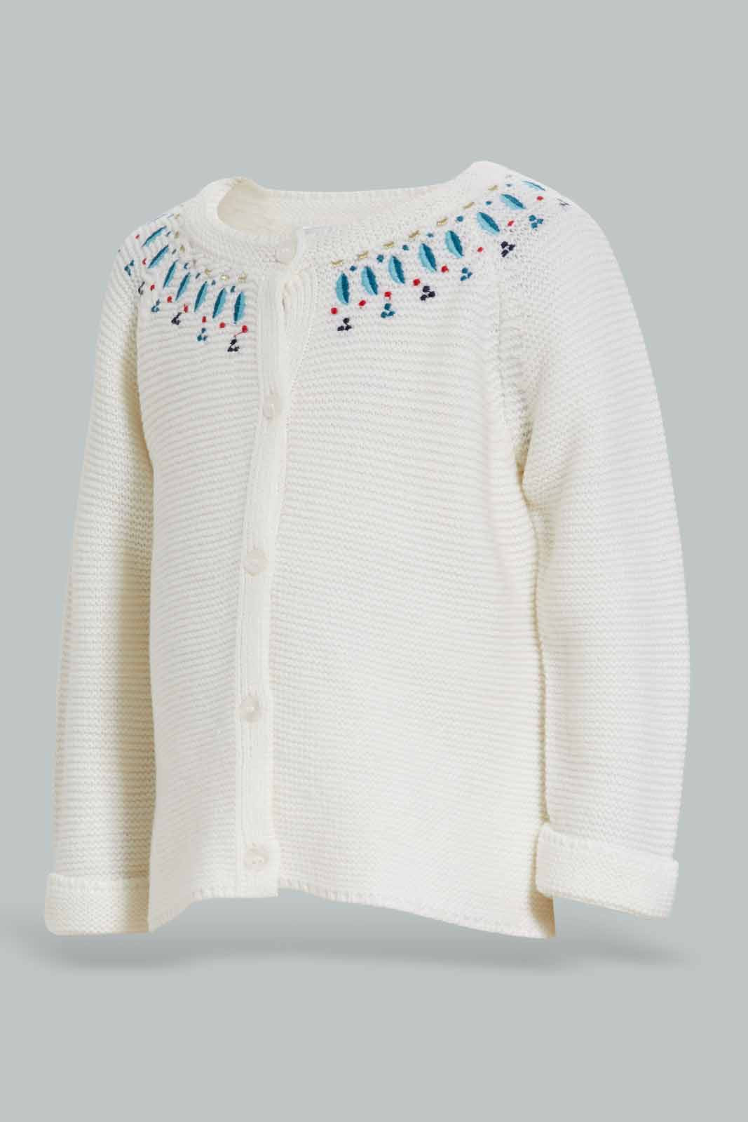 Redtag-Ivory-Front-Neck-Embroidery-Cardigan-Category:Cardigans,-Colour:Ivory,-Deals:New-In,-Filter:Infant-Girls-(3-to-24-Mths),-ING-Cardigans,-New-In-ING-APL,-Non-Sale,-Section:Girls-(0-to-14Yrs),-W22B-Infant-Girls-3 to 24 Months