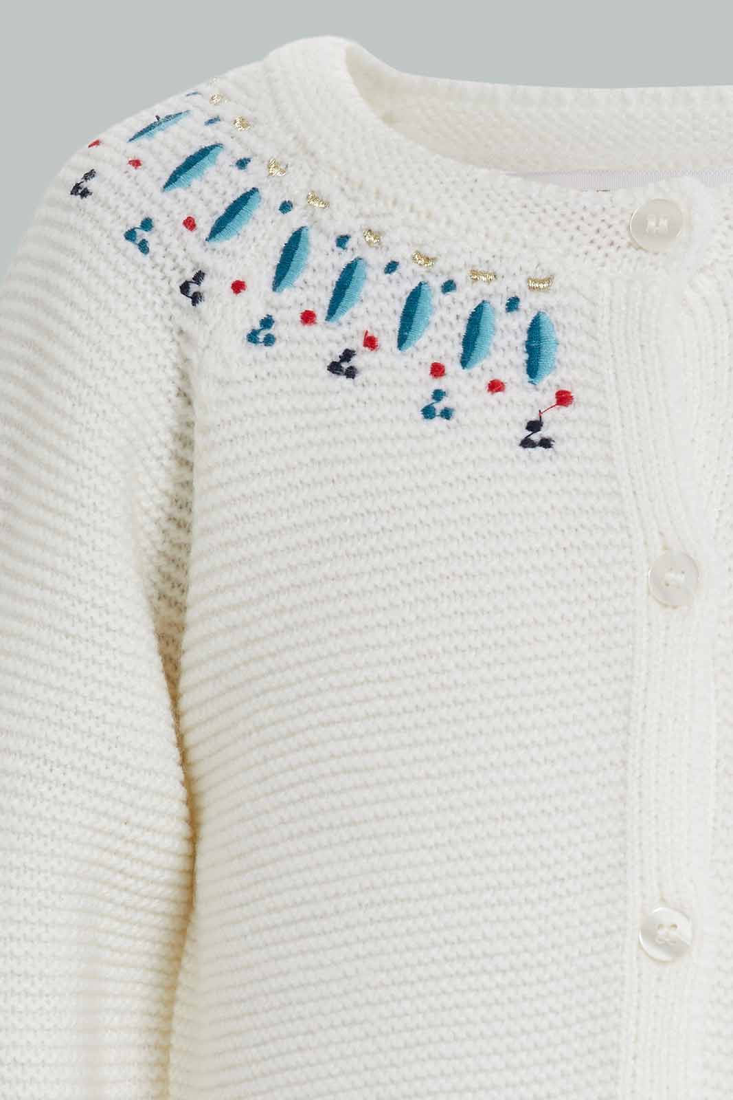 Redtag-Ivory-Front-Neck-Embroidery-Cardigan-Category:Cardigans,-Colour:Ivory,-Deals:New-In,-Filter:Infant-Girls-(3-to-24-Mths),-ING-Cardigans,-New-In-ING-APL,-Non-Sale,-Section:Girls-(0-to-14Yrs),-W22B-Infant-Girls-3 to 24 Months