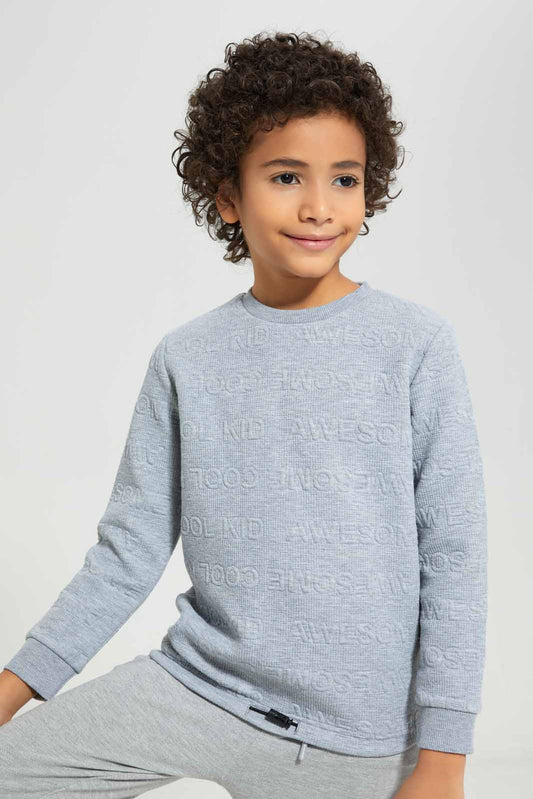Redtag-Grey-Embosed-Jaquard-Crew-Neck-Sweatshirt-BOY-Sweatshirts,-Category:Sweatshirts,-Colour:Grey,-Deals:New-In,-Filter:Boys-(2-to-8-Yrs),-New-In-BOY-APL,-Non-Sale,-Section:Boys-(0-to-14Yrs),-W22B-Boys-2 to 8 Years