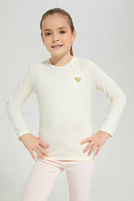 Redtag-Cream-LS-Tee-Category:T-Shirts,-Colour:Cream,-Deals:New-In,-Dept:Girls,-Filter:Girls-(2-to-8-Yrs),-GIR-T-Shirts,-New-In-GIR-APL,-Non-Sale,-Section:Girls-(0-to-14Yrs),-TBL,-W22B-Girls-2 to 8 Years