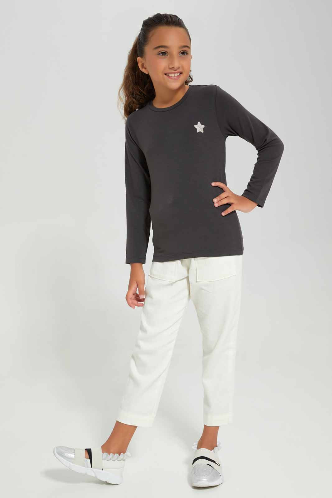 Redtag-Charcoal-LS-Tee-Category:T-Shirts,-Colour:Charcoal,-Deals:New-In,-Filter:Girls-(2-to-8-Yrs),-GIR-T-Shirts,-New-In-GIR-APL,-Non-Sale,-Section:Girls-(0-to-14Yrs),-TBL,-W22B-Girls-2 to 8 Years
