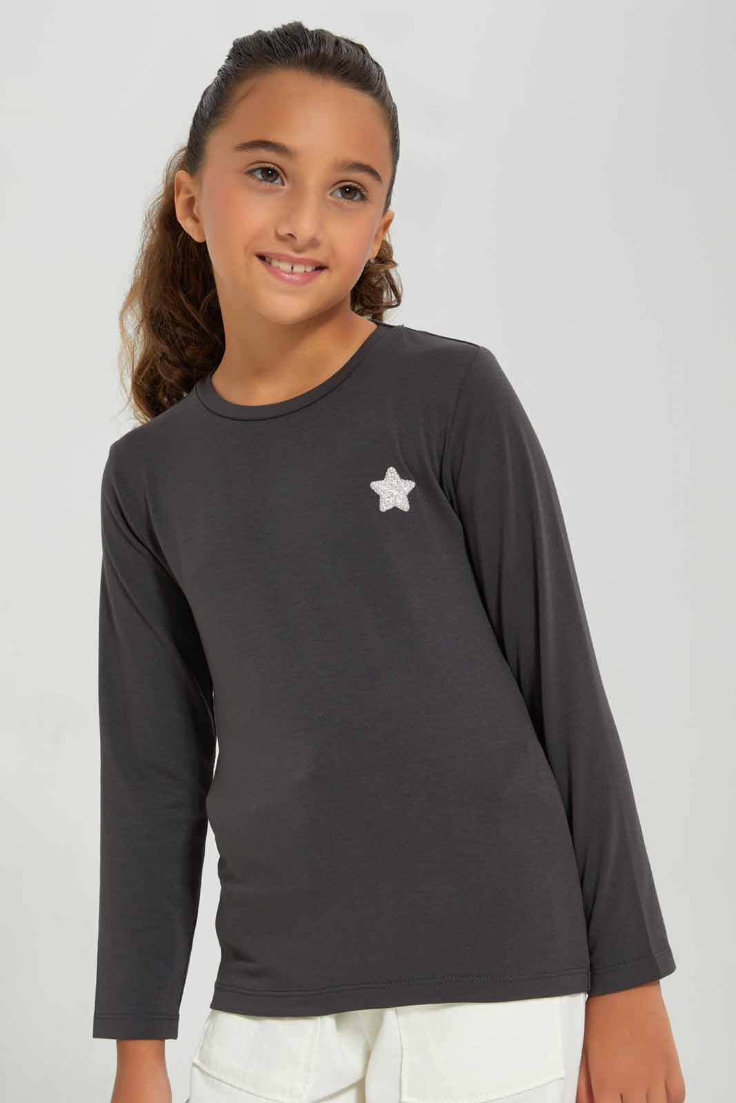 Redtag-Charcoal-LS-Tee-Category:T-Shirts,-Colour:Charcoal,-Deals:New-In,-Filter:Girls-(2-to-8-Yrs),-GIR-T-Shirts,-New-In-GIR-APL,-Non-Sale,-Section:Girls-(0-to-14Yrs),-TBL,-W22B-Girls-2 to 8 Years