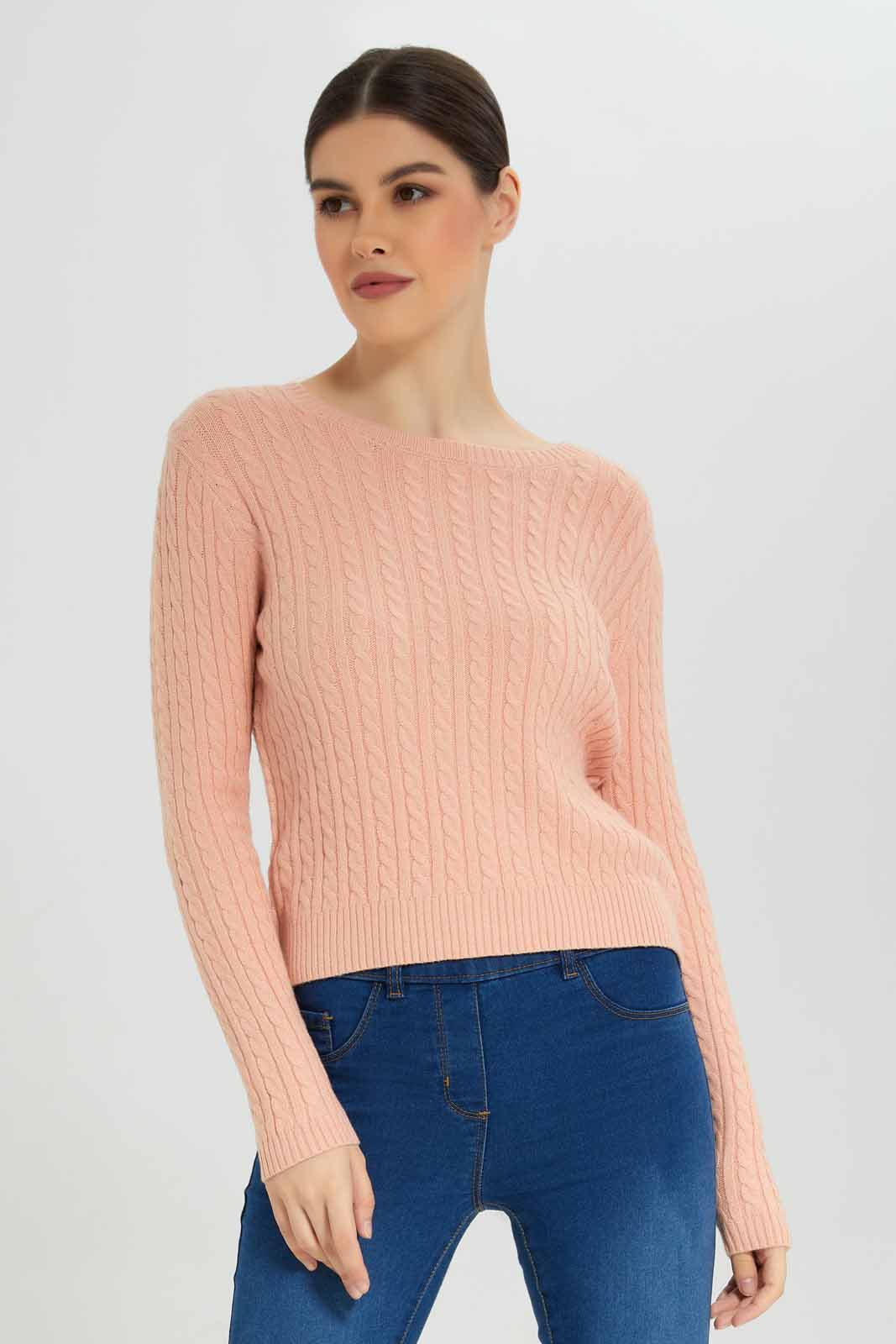 Redtag-Allover-Cable-Knit-Pullover-Category:Pullovers,-Colour:Apricot,-Deals:New-In,-Filter:Women's-Clothing,-New-In-Women-APL,-Non-Sale,-Section:Women,-TBL,-W22B,-Women-Pullovers-Women's-