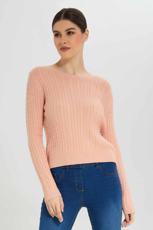 Redtag-Allover-Cable-Knit-Pullover-Category:Pullovers,-Colour:Apricot,-Deals:New-In,-Filter:Women's-Clothing,-New-In-Women-APL,-Non-Sale,-Section:Women,-TBL,-W22B,-Women-Pullovers-Women's-