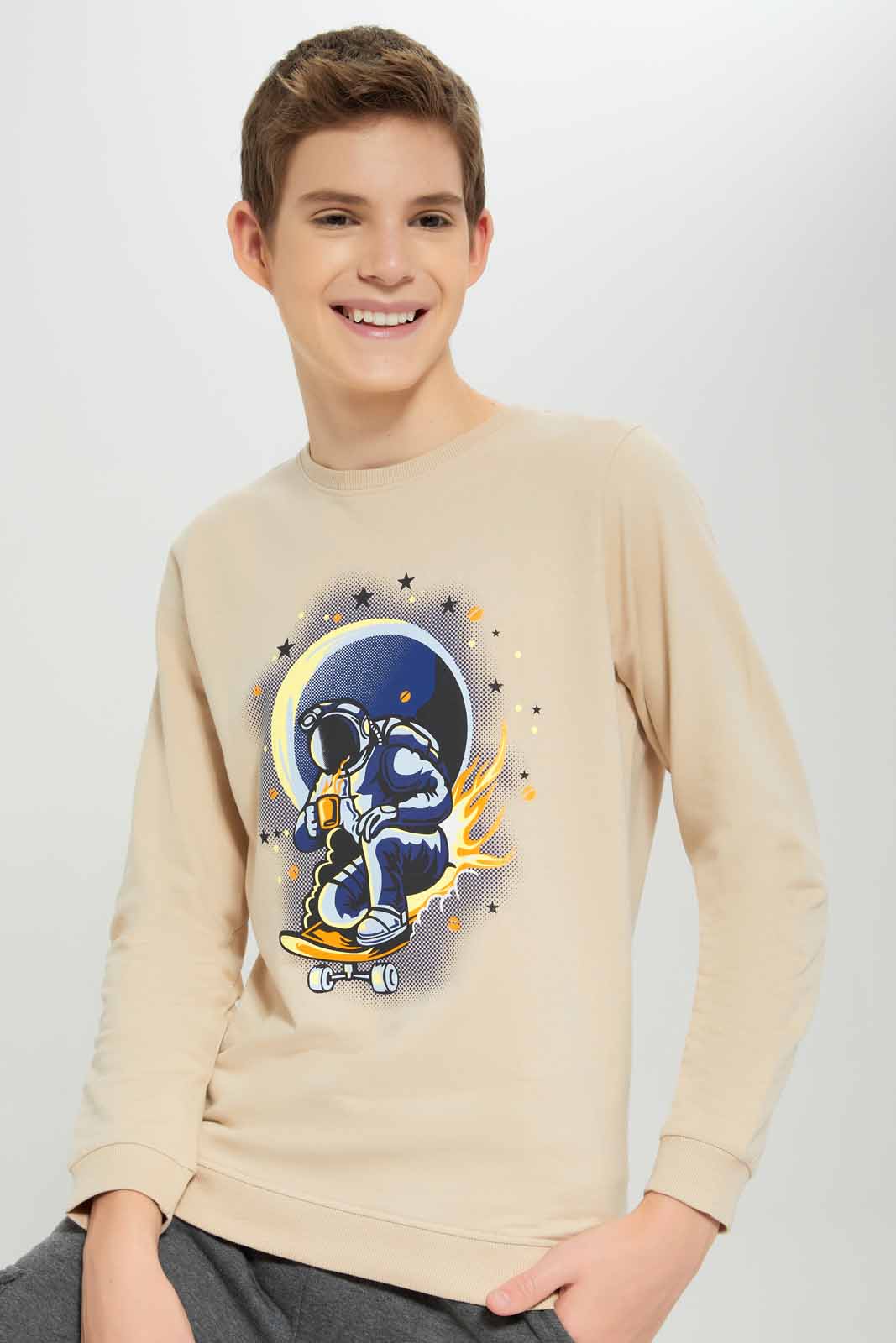 Redtag-Beige-Sitting-Astronaut-Sweat-Tee-BSR-Sweatshirts,-Category:Sweatshirts,-Colour:Beige,-Deals:New-In,-Dept:Boys,-Filter:Senior-Boys-(8-to-14-Yrs),-New-In-BSR-APL,-Non-Sale,-Section:Boys-(0-to-14Yrs),-TBL,-W22B-Senior-Boys-9 to 14 Years