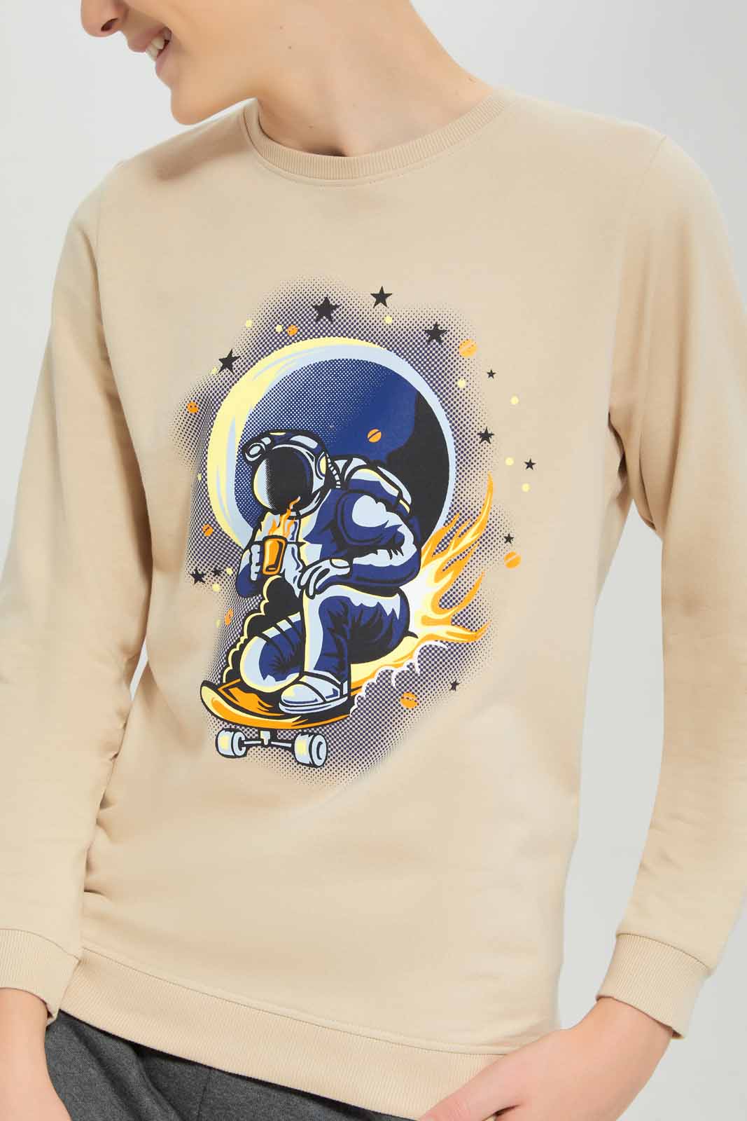 Redtag-Beige-Sitting-Astronaut-Sweat-Tee-BSR-Sweatshirts,-Category:Sweatshirts,-Colour:Beige,-Deals:New-In,-Dept:Boys,-Filter:Senior-Boys-(8-to-14-Yrs),-New-In-BSR-APL,-Non-Sale,-Section:Boys-(0-to-14Yrs),-TBL,-W22B-Senior-Boys-9 to 14 Years