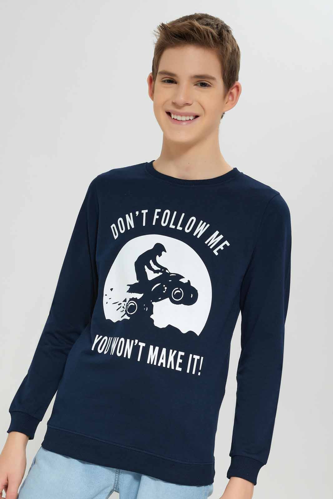 Redtag-Navy-Don't-Follow-Me-Sweat-Tee-BSR-Sweatshirts,-Category:Sweatshirts,-Colour:Navy,-Deals:New-In,-Dept:Boys,-Filter:Senior-Boys-(8-to-14-Yrs),-New-In-BSR-APL,-Non-Sale,-Section:Boys-(0-to-14Yrs),-TBL,-W22B-Senior-Boys-9 to 14 Years