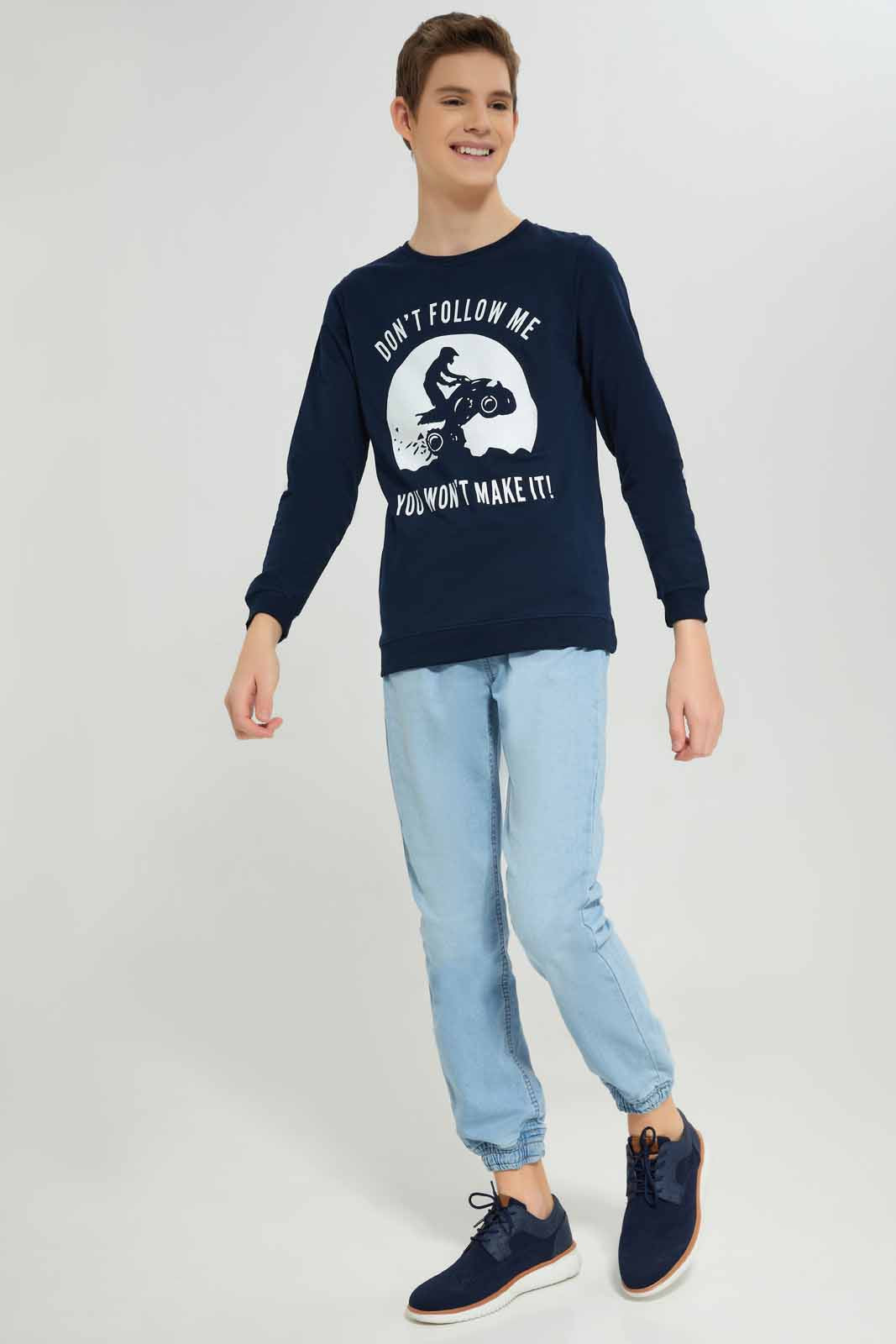 Redtag-Navy-Don't-Follow-Me-Sweat-Tee-BSR-Sweatshirts,-Category:Sweatshirts,-Colour:Navy,-Deals:New-In,-Dept:Boys,-Filter:Senior-Boys-(8-to-14-Yrs),-New-In-BSR-APL,-Non-Sale,-Section:Boys-(0-to-14Yrs),-TBL,-W22B-Senior-Boys-9 to 14 Years
