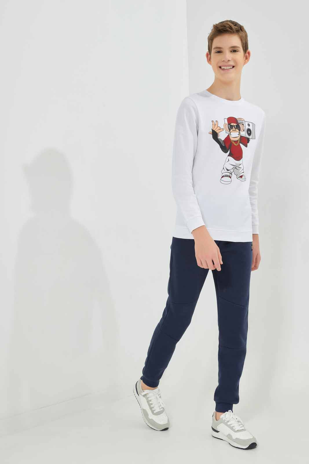 Redtag-White-Monkey-Listening-Music-Sweat-Tee-BSR-Sweatshirts,-Category:Sweatshirts,-Colour:White,-Deals:New-In,-Dept:Boys,-Filter:Senior-Boys-(8-to-14-Yrs),-New-In-BSR-APL,-Non-Sale,-Section:Boys-(0-to-14Yrs),-TBL,-W22B-Senior-Boys-9 to 14 Years
