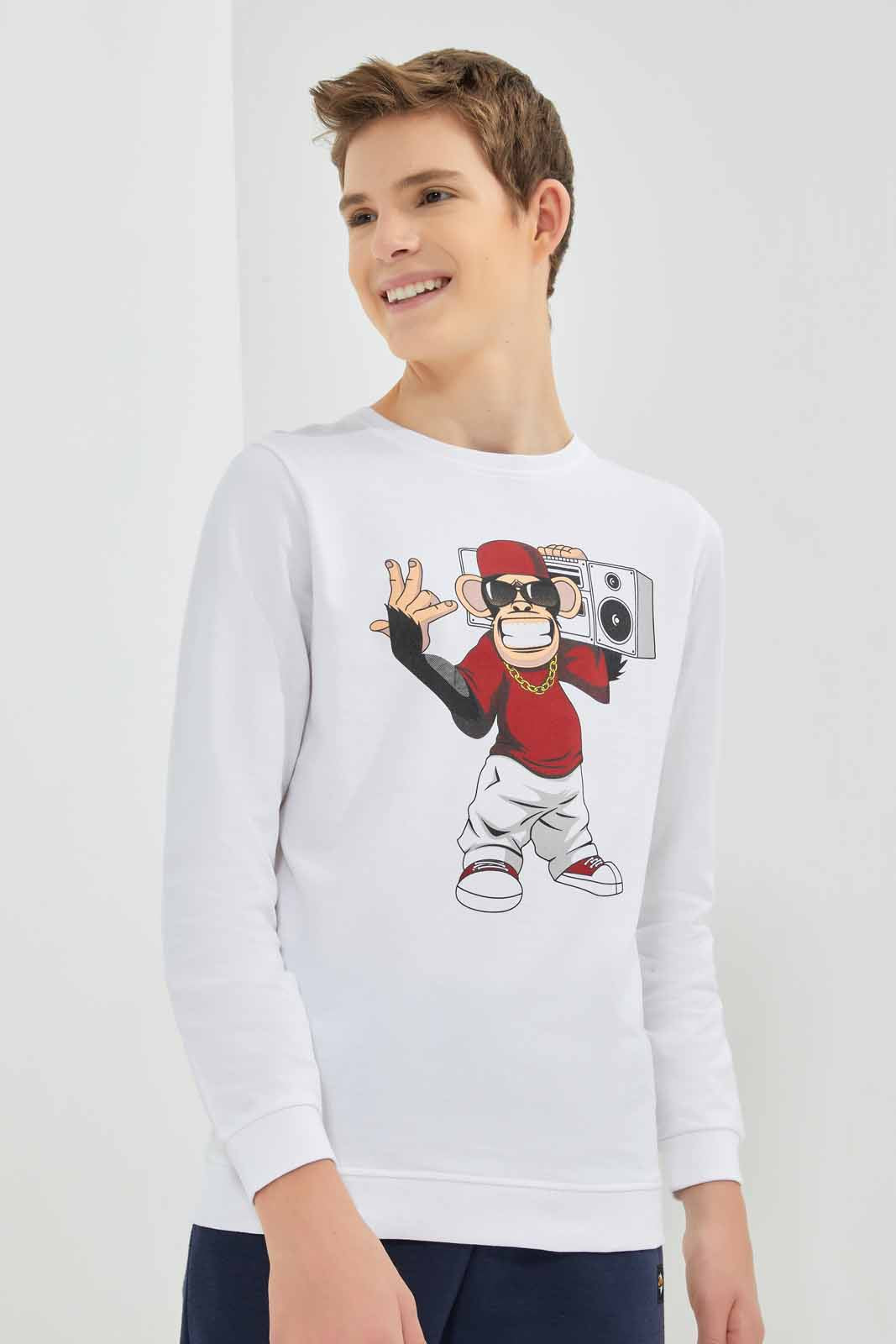 Redtag-White-Monkey-Listening-Music-Sweat-Tee-BSR-Sweatshirts,-Category:Sweatshirts,-Colour:White,-Deals:New-In,-Dept:Boys,-Filter:Senior-Boys-(8-to-14-Yrs),-New-In-BSR-APL,-Non-Sale,-Section:Boys-(0-to-14Yrs),-TBL,-W22B-Senior-Boys-9 to 14 Years