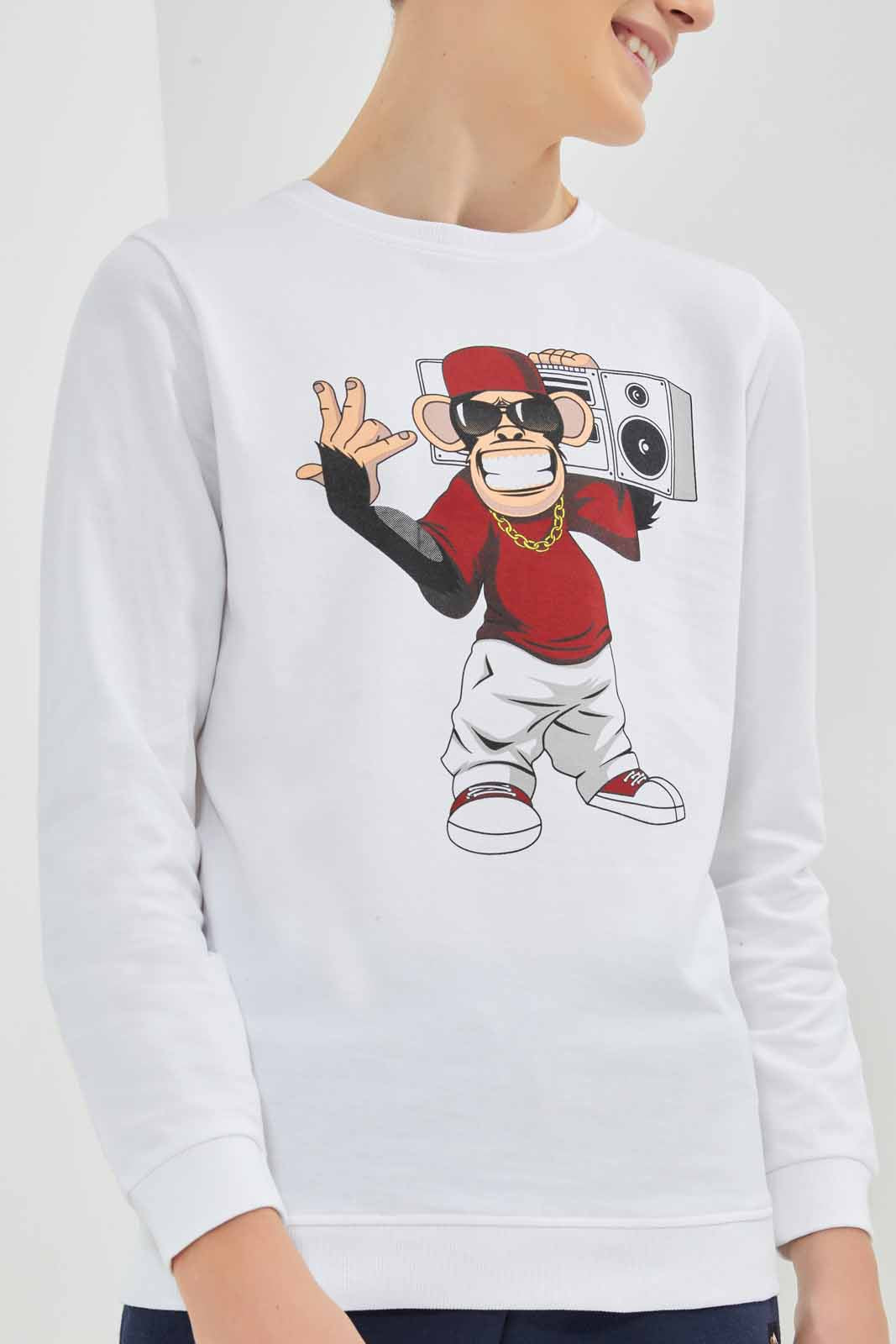 Redtag-White-Monkey-Listening-Music-Sweat-Tee-BSR-Sweatshirts,-Category:Sweatshirts,-Colour:White,-Deals:New-In,-Dept:Boys,-Filter:Senior-Boys-(8-to-14-Yrs),-New-In-BSR-APL,-Non-Sale,-Section:Boys-(0-to-14Yrs),-TBL,-W22B-Senior-Boys-9 to 14 Years