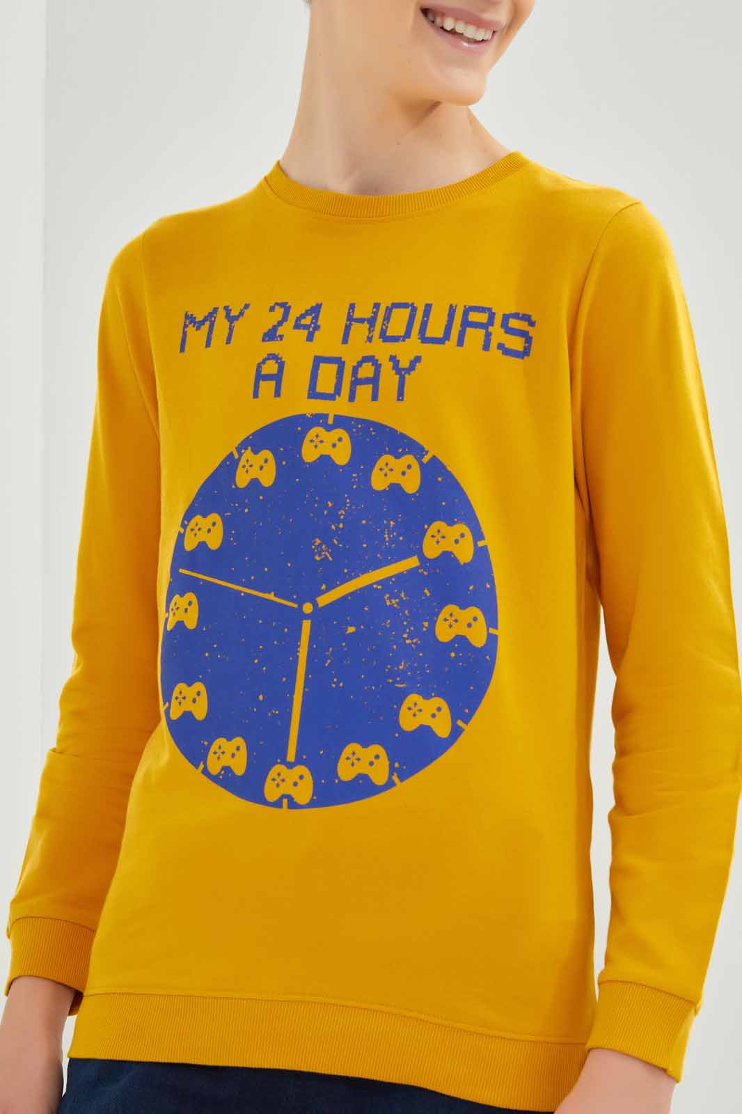 Redtag-Mustard-Clock-Sweat-Tee-BSR-Sweatshirts,-Category:Sweatshirts,-Colour:Mustard,-Deals:New-In,-Dept:Boys,-Filter:Senior-Boys-(8-to-14-Yrs),-New-In-BSR-APL,-Non-Sale,-Section:Boys-(0-to-14Yrs),-TBL,-W22B-Senior-Boys-9 to 14 Years