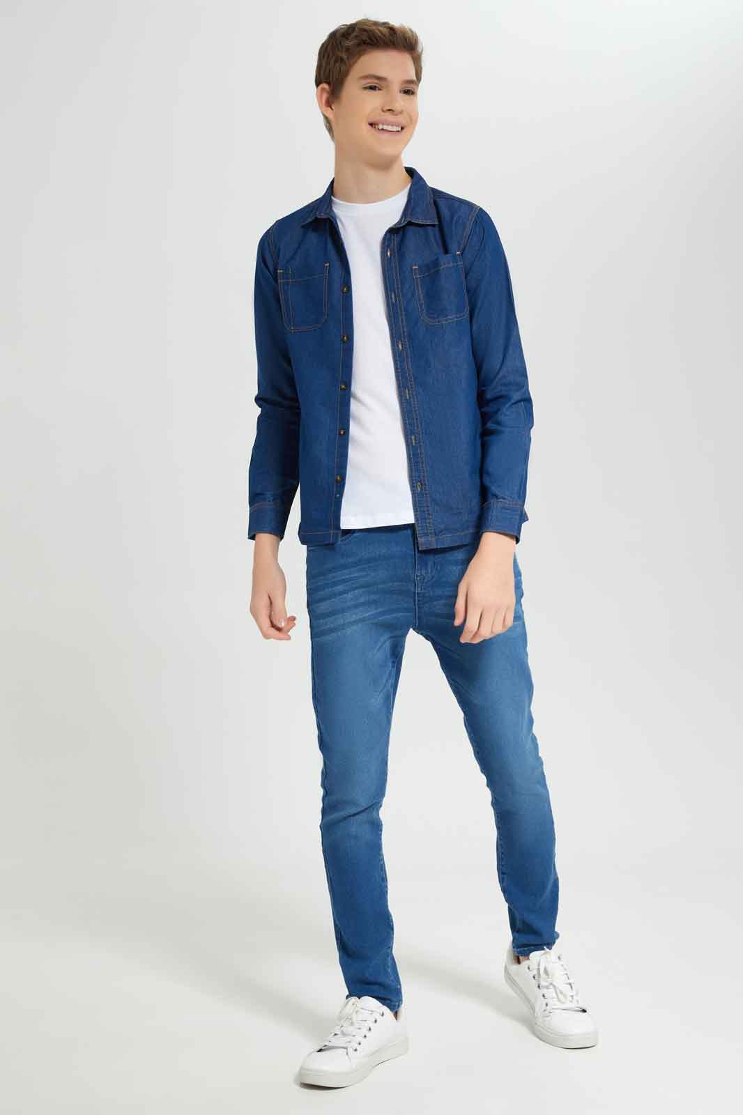 Redtag-Blue-Denim-Shirt-With-Tee-BSR-Shirts,-Category:Shirts,-Colour:Blue,-Deals:New-In,-Dept:Boys,-Filter:Senior-Boys-(8-to-14-Yrs),-New-In-BSR-APL,-Non-Sale,-Section:Boys-(0-to-14Yrs),-W22A-Senior-Boys-9 to 14 Years