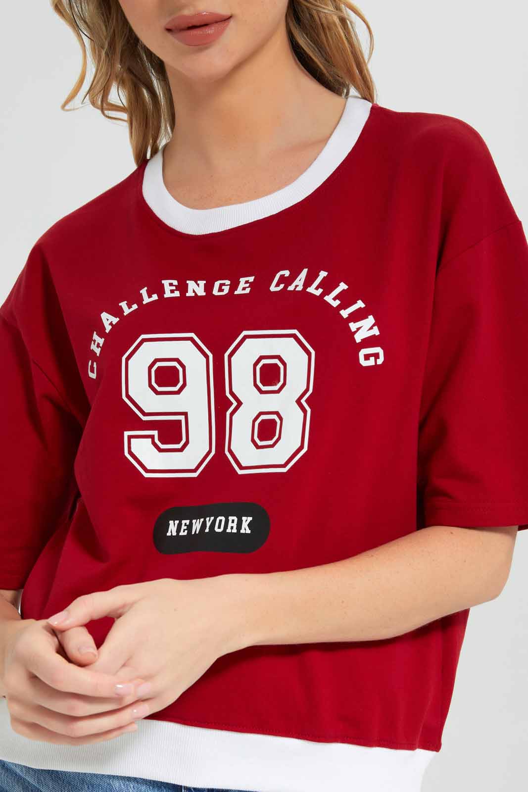 Redtag-Redat-Short-Sleeve-Sweatshirt-With-Placement-Print-Category:Sweatshirts,-Colour:Red,-Deals:New-In,-Filter:Women's-Clothing,-New-In-Women-APL,-Non-Sale,-Section:Women,-W22B,-Women-Sweatshirts-Women's-