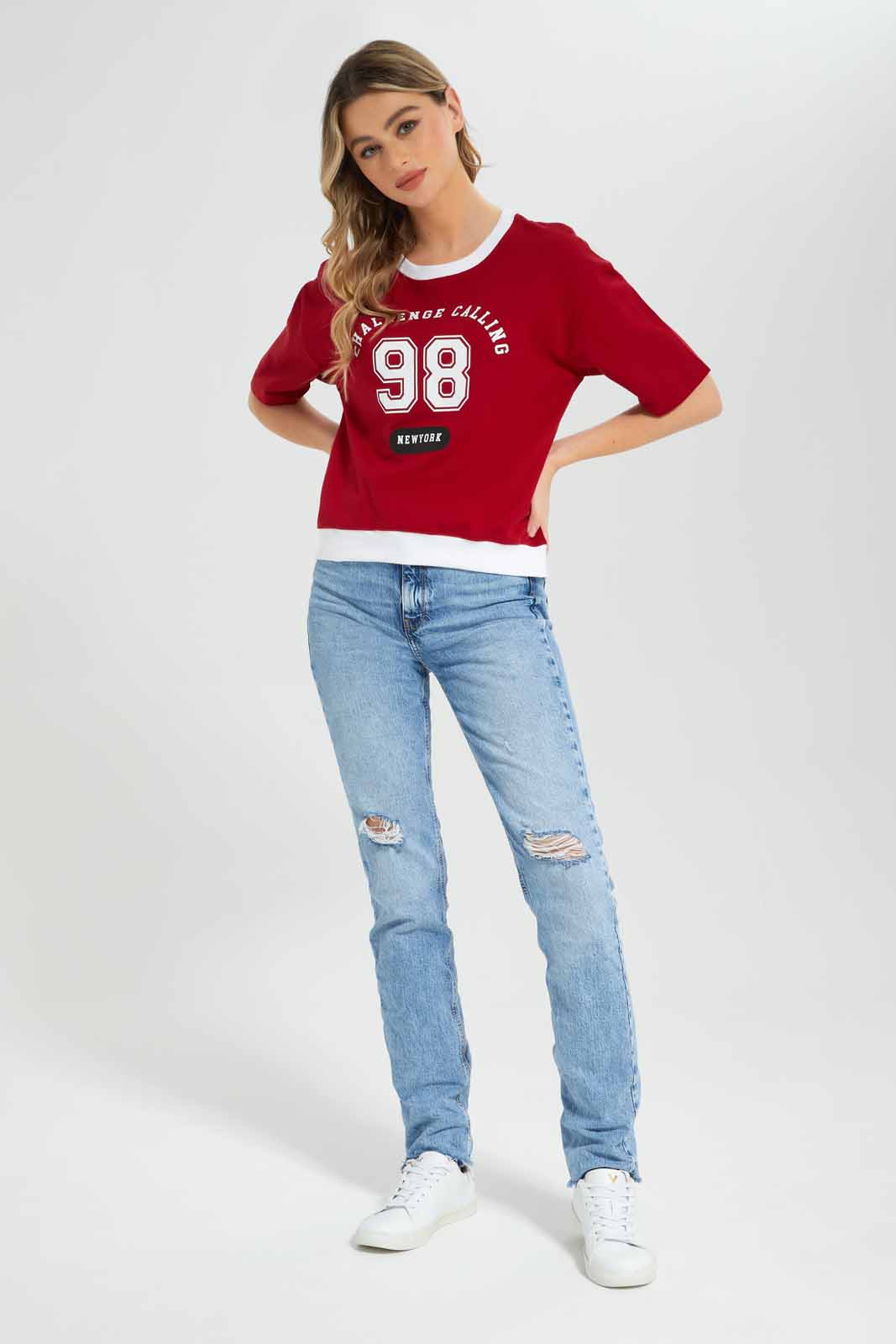 Redtag-Redat-Short-Sleeve-Sweatshirt-With-Placement-Print-Category:Sweatshirts,-Colour:Red,-Deals:New-In,-Filter:Women's-Clothing,-New-In-Women-APL,-Non-Sale,-Section:Women,-W22B,-Women-Sweatshirts-Women's-