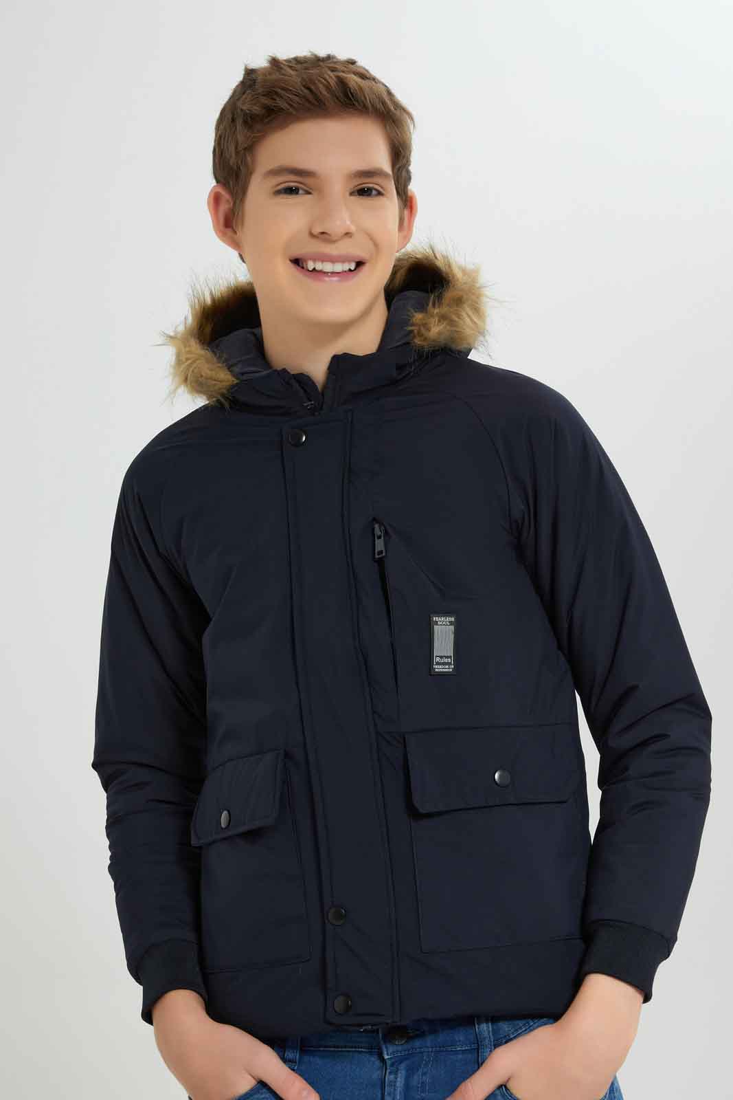 Redtag-Navy-EHW-Fur-Jacket-BSR-Jackets,-Category:Jackets,-Colour:Navy,-Deals:New-In,-Dept:Boys,-EHW,-Filter:Senior-Boys-(8-to-14-Yrs),-New-In-BSR-APL,-Non-Sale,-Section:Boys-(0-to-14Yrs),-W22B-Senior-Boys-9 to 14 Years