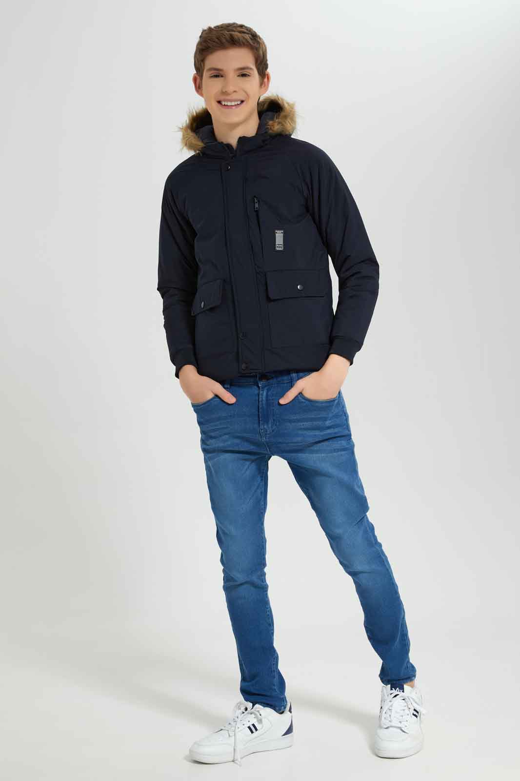 Redtag-Navy-EHW-Fur-Jacket-BSR-Jackets,-Category:Jackets,-Colour:Navy,-Deals:New-In,-Dept:Boys,-EHW,-Filter:Senior-Boys-(8-to-14-Yrs),-New-In-BSR-APL,-Non-Sale,-Section:Boys-(0-to-14Yrs),-W22B-Senior-Boys-9 to 14 Years