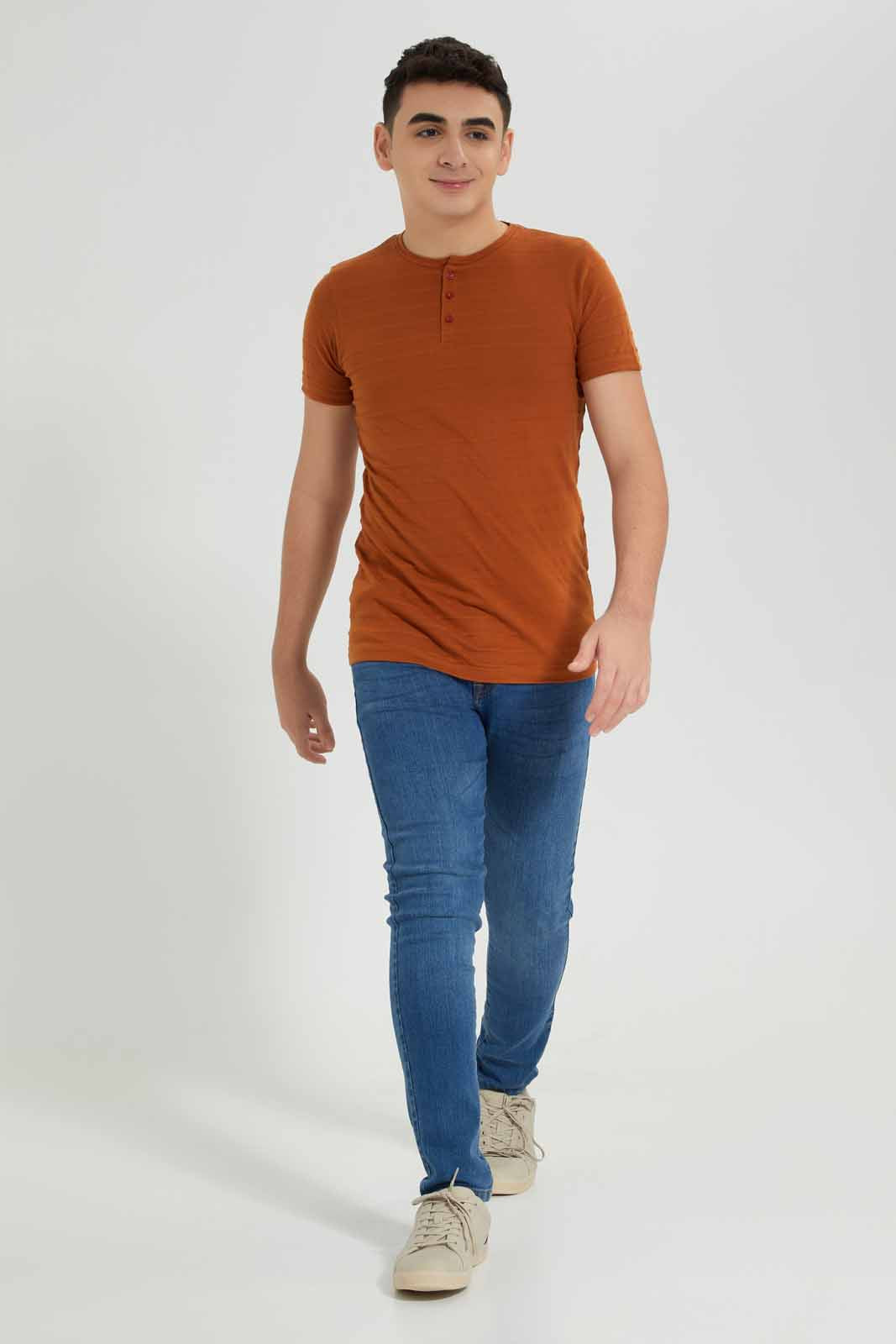 Redtag-Brown-Jacquard-Heneley-T-Shirt-BSR-T-Shirts,-Category:T-Shirts,-Colour:Brown,-Deals:New-In,-Filter:Senior-Boys-(8-to-14-Yrs),-New-In-BSR-APL,-Non-Sale,-Section:Boys-(0-to-14Yrs),-TBL,-W22A-Senior-Boys-9 to 14 Years