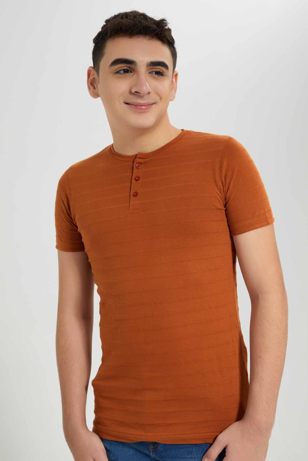 Redtag-Brown-Jacquard-Heneley-T-Shirt-BSR-T-Shirts,-Category:T-Shirts,-Colour:Brown,-Deals:New-In,-Filter:Senior-Boys-(8-to-14-Yrs),-New-In-BSR-APL,-Non-Sale,-Section:Boys-(0-to-14Yrs),-TBL,-W22A-Senior-Boys-9 to 14 Years